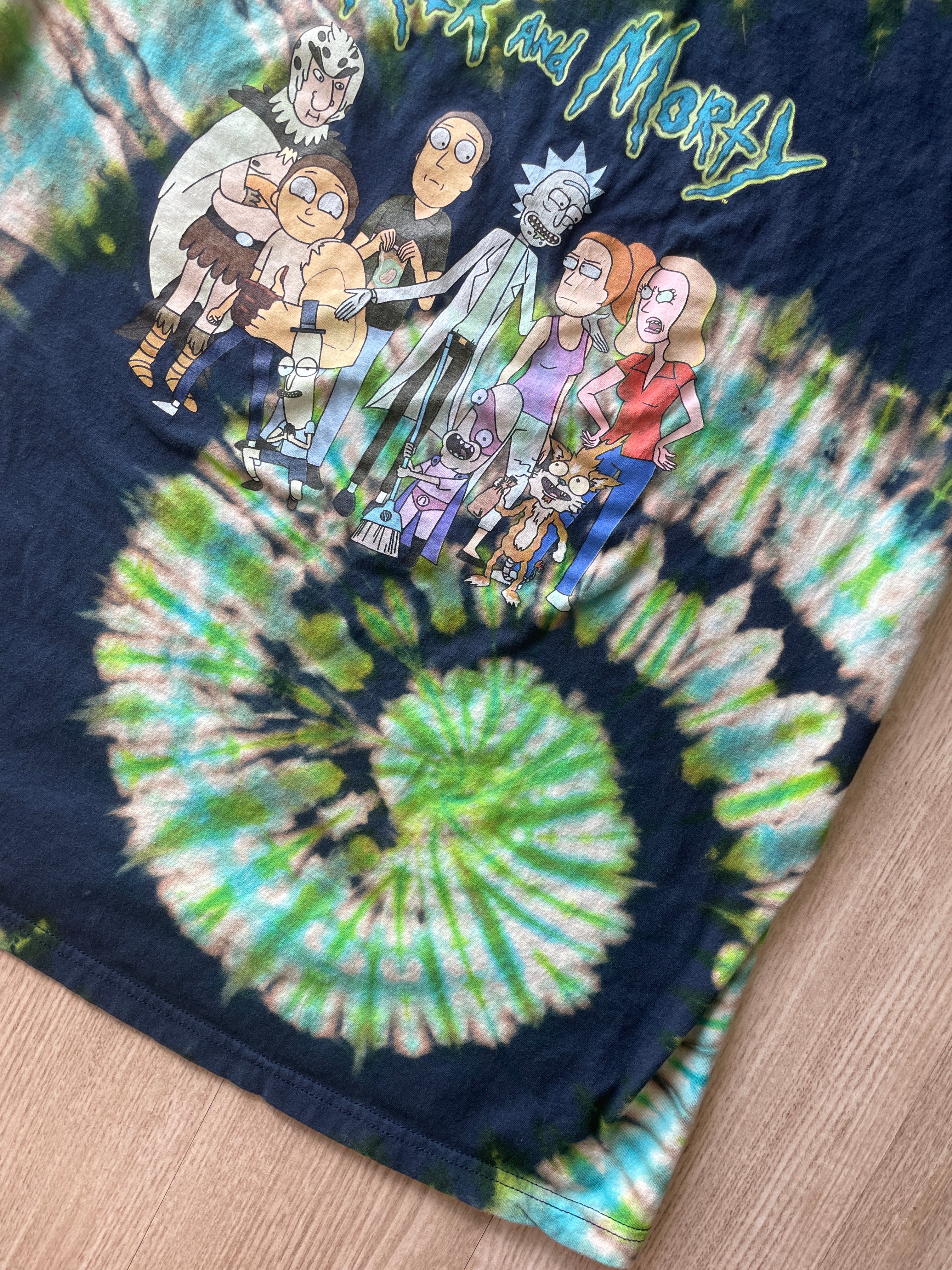 XL Men’s Rick and Morty Handmade Tie Dye T-Shirt | One-Of-a-Kind Blue and Green Spiral Short Sleeve
