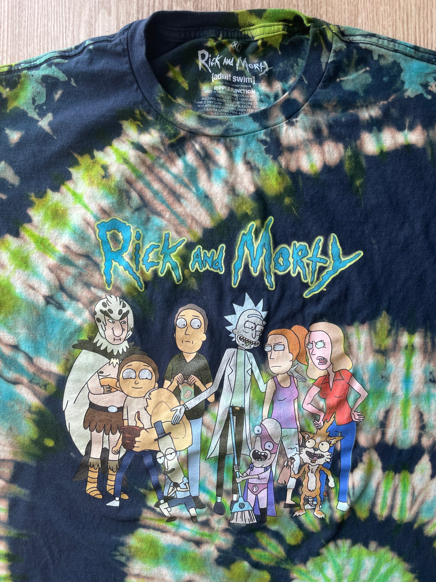 XL Men’s Rick and Morty Handmade Tie Dye T-Shirt | One-Of-a-Kind Blue and Green Spiral Short Sleeve