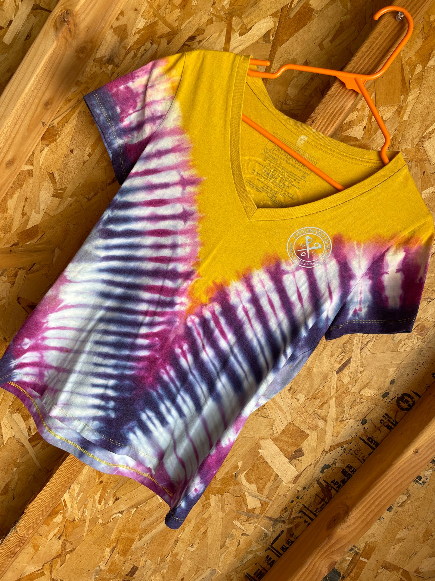 Medium Women's Black Diamond Climbing Handmade Tie Dye V-Neck T-Shirt | Yellow, Pink, and Purple V-Pleated Tie Dye Short Sleeve
