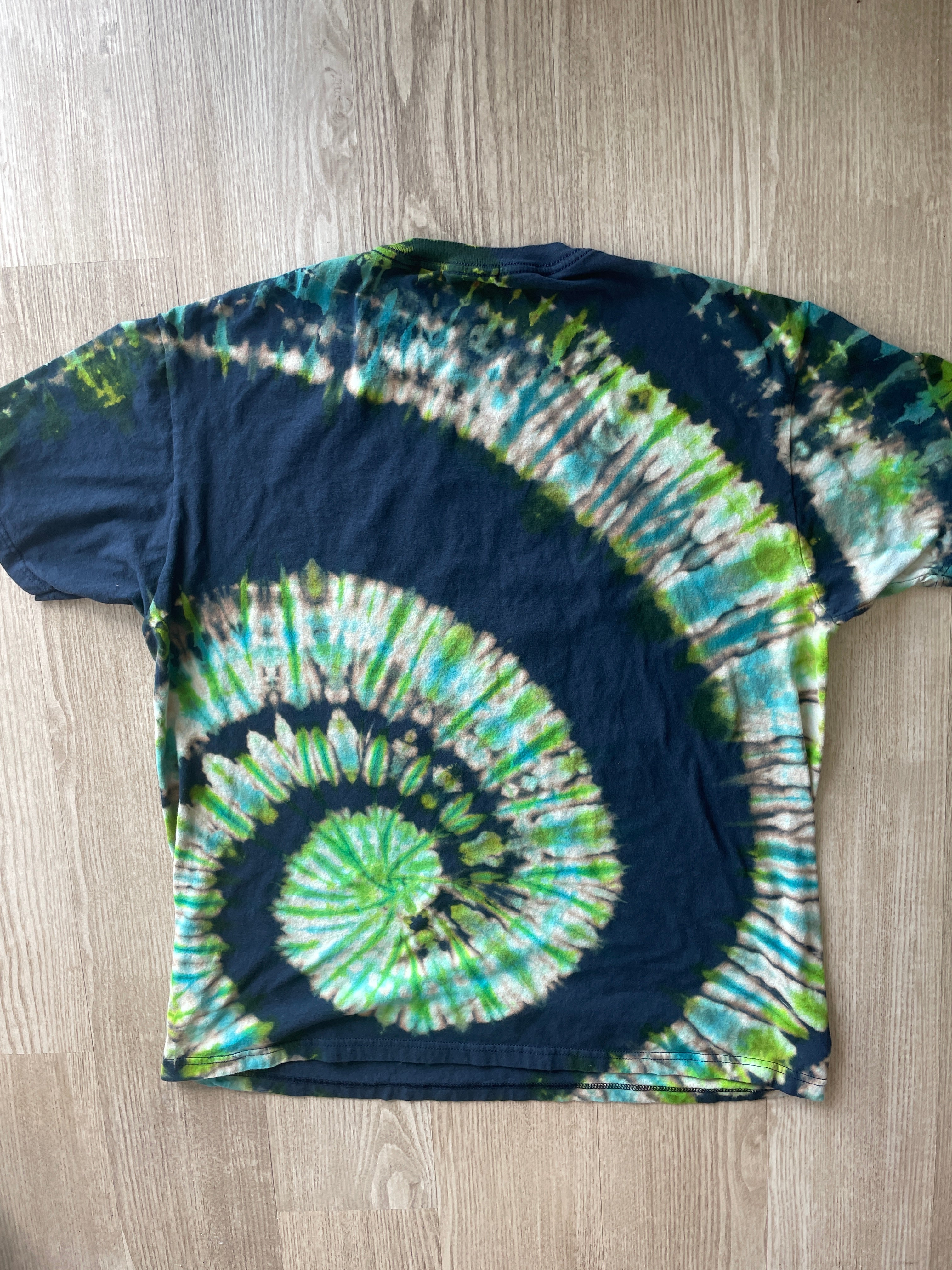 XL Men’s Rick and Morty Handmade Tie Dye T-Shirt | One-Of-a-Kind Blue and Green Spiral Short Sleeve