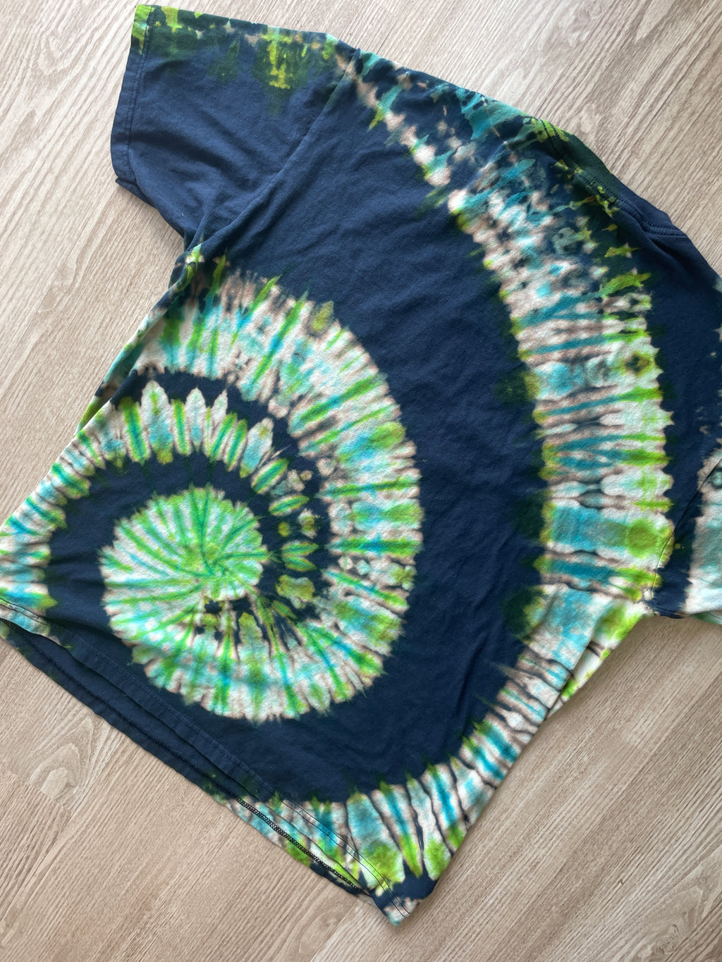 XL Men’s Rick and Morty Handmade Tie Dye T-Shirt | One-Of-a-Kind Blue and Green Spiral Short Sleeve