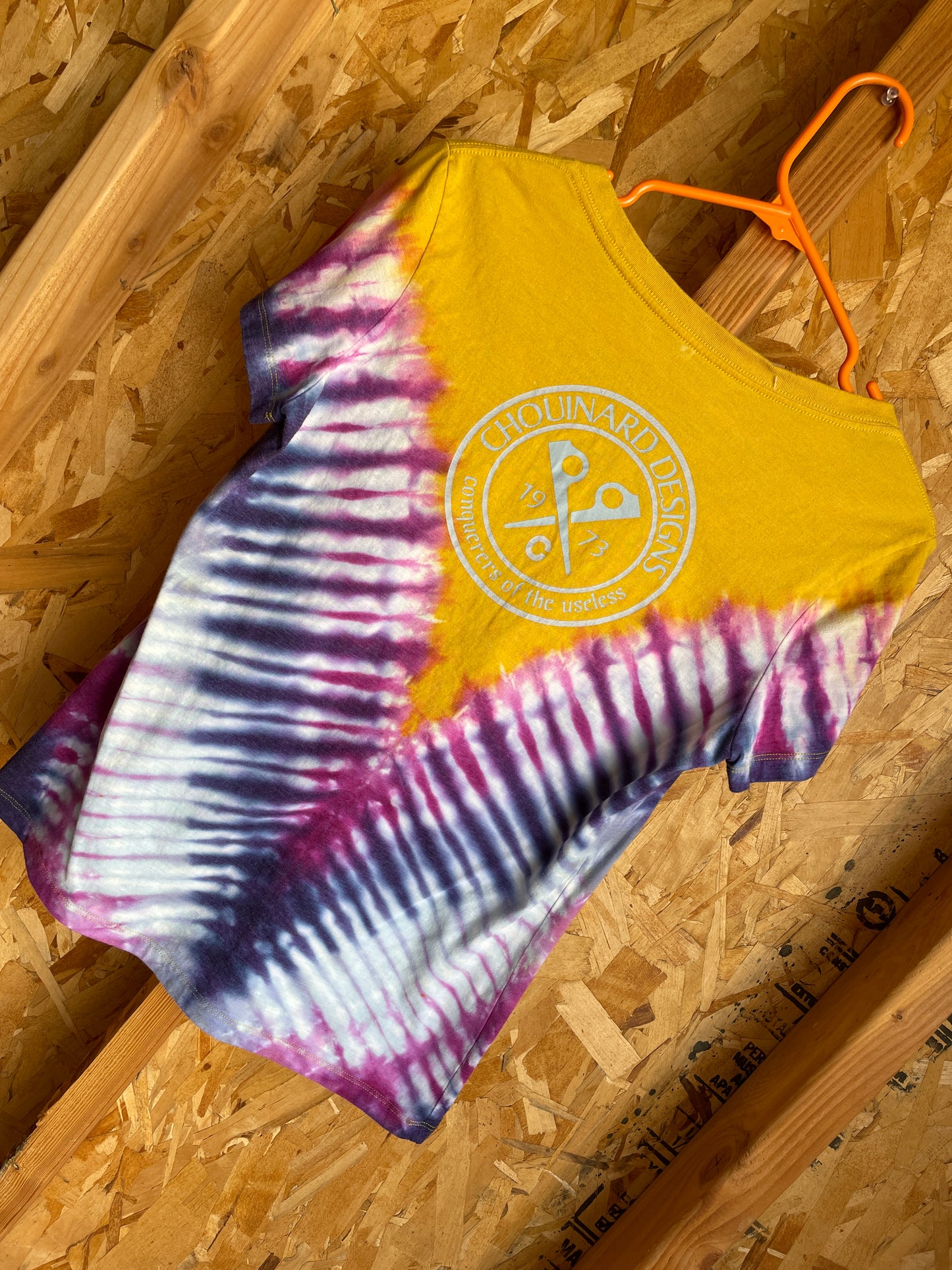 Medium Women's Black Diamond Climbing Handmade Tie Dye V-Neck T-Shirt | Yellow, Pink, and Purple V-Pleated Tie Dye Short Sleeve