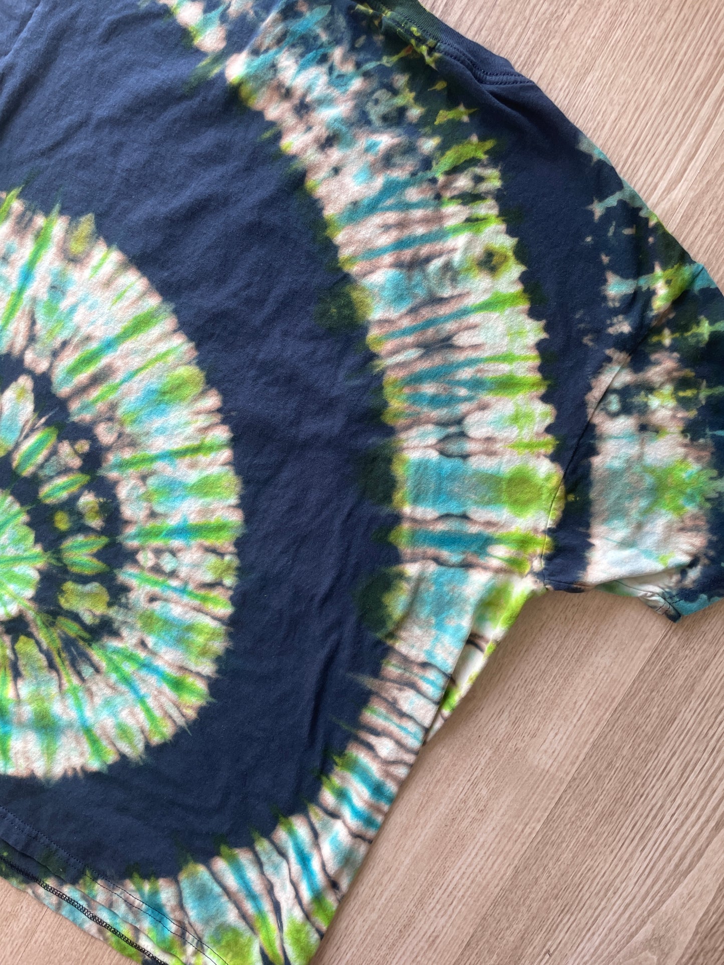XL Men’s Rick and Morty Handmade Tie Dye T-Shirt | One-Of-a-Kind Blue and Green Spiral Short Sleeve