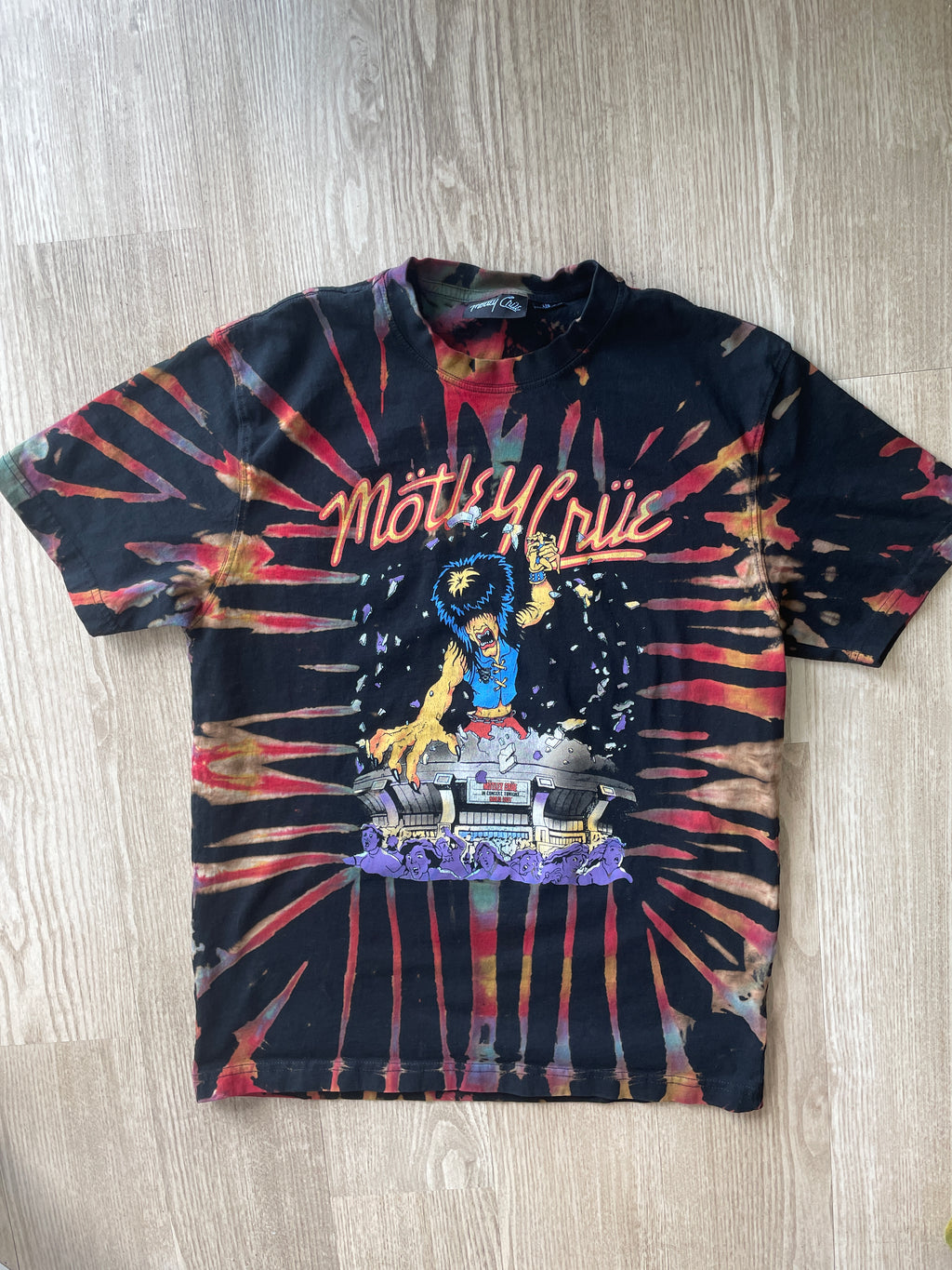 LARGE Men’s Motley Crue Handmade Reverse Tie Dye T-Shirt | One-Of-a-Kind Black, Red, and BlueShort Sleeve