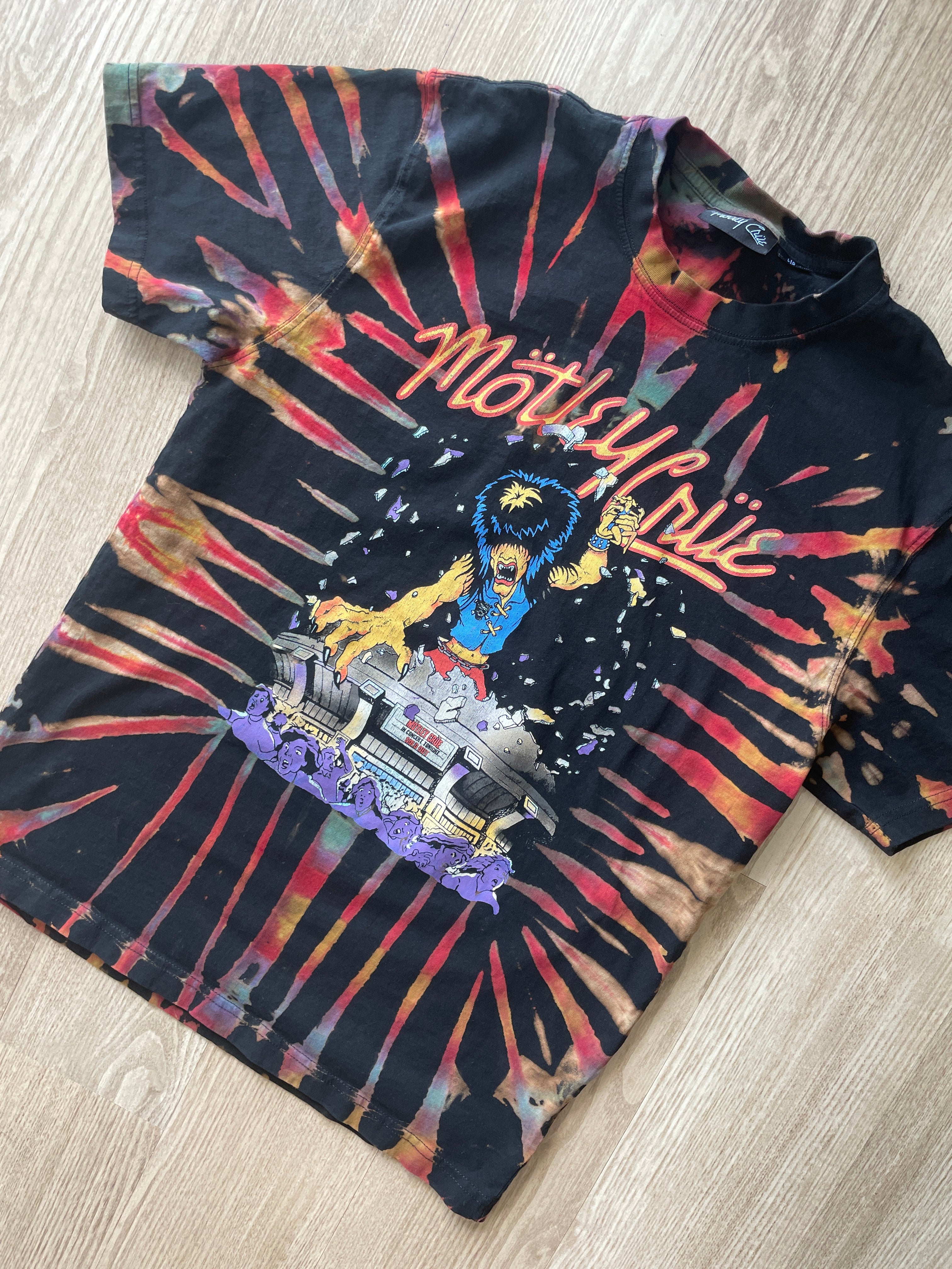 LARGE Men’s Motley Crue Handmade Reverse Tie Dye T-Shirt | One-Of-a-Kind Black, Red, and BlueShort Sleeve