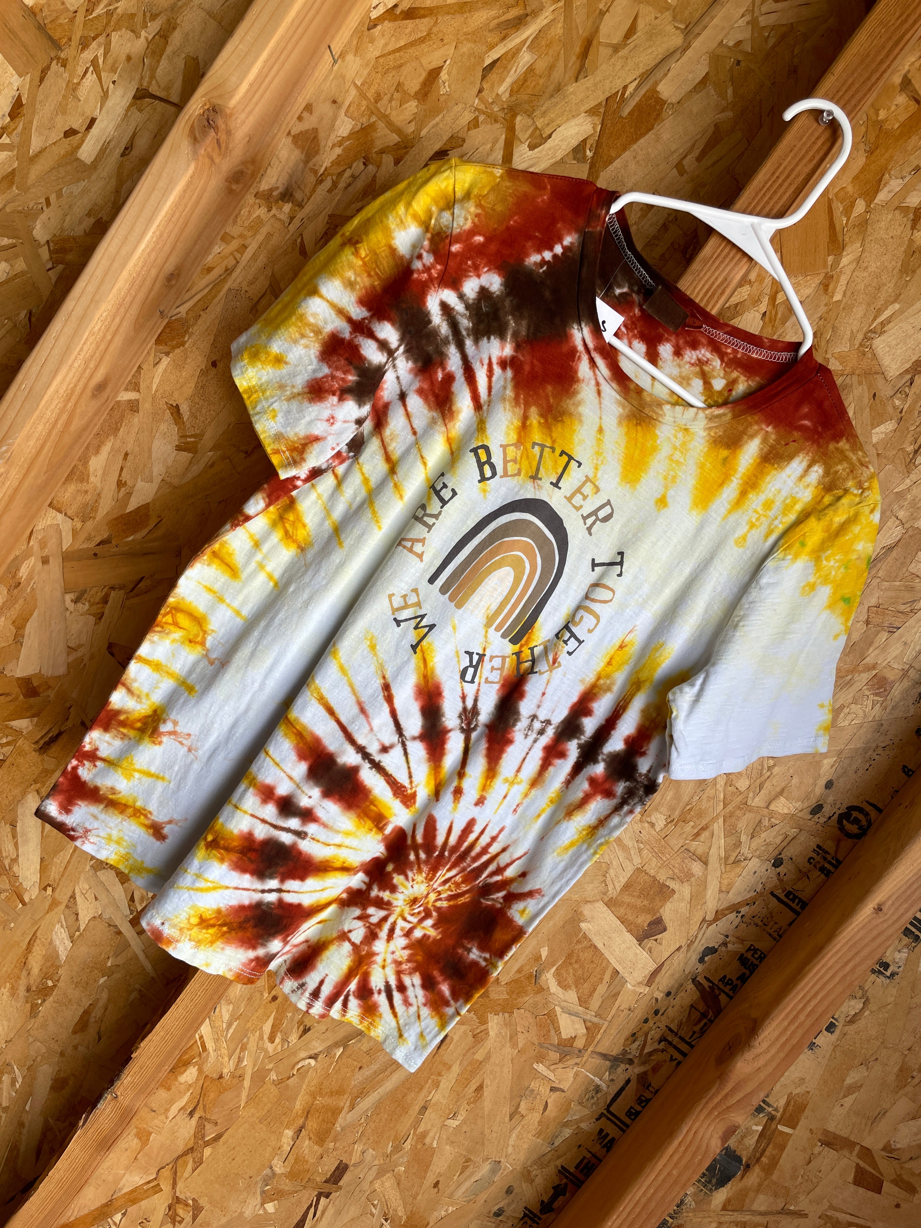 Large Women’s Better Together Handmade Tie Dye T-Shirt | Earth Tones Rainbow Spiral Tie Dye Short Sleeve