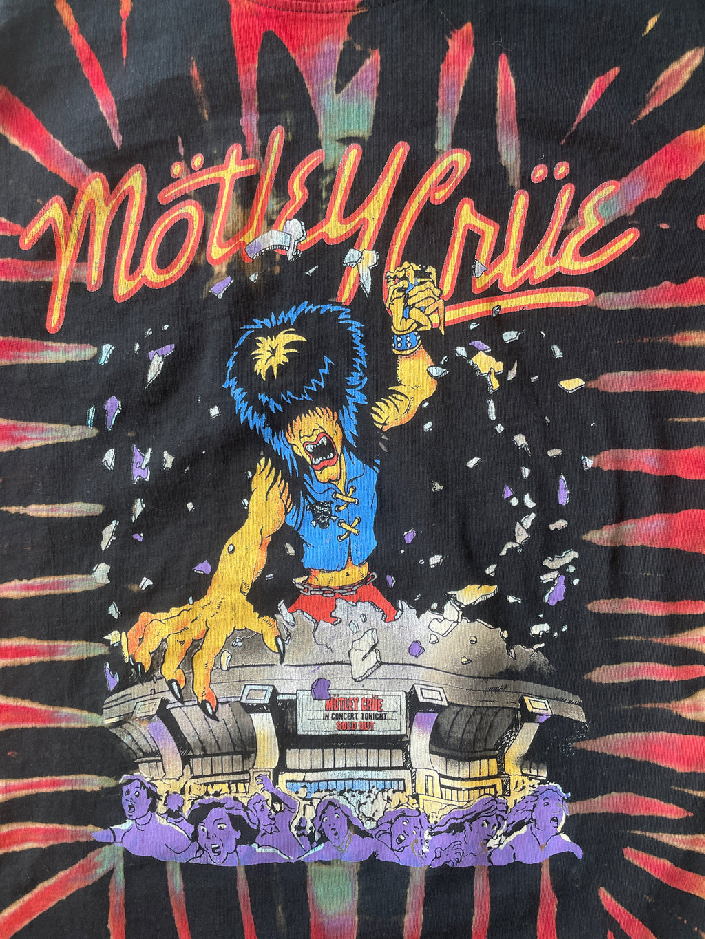 LARGE Men’s Motley Crue Handmade Reverse Tie Dye T-Shirt | One-Of-a-Kind Black, Red, and BlueShort Sleeve