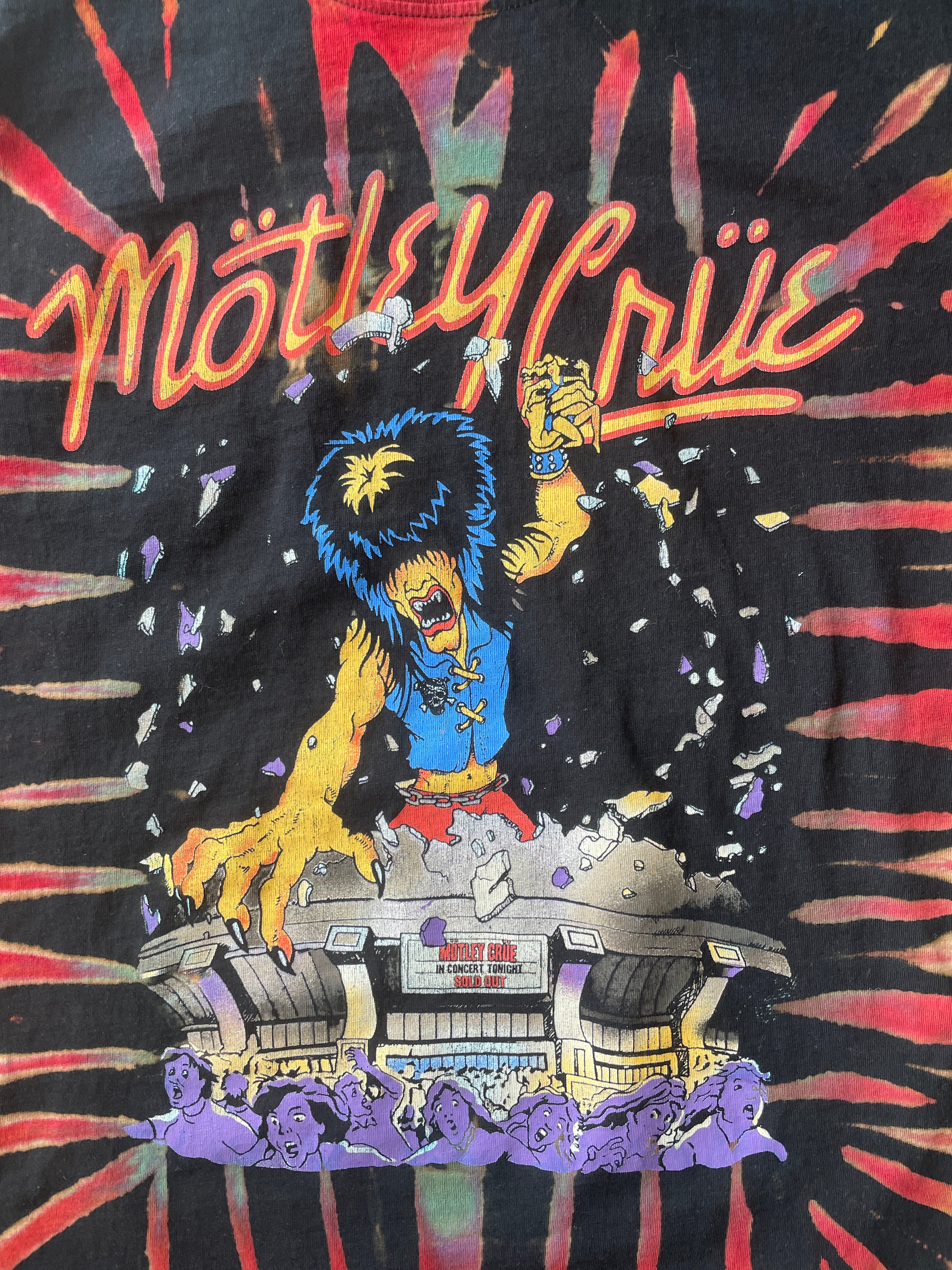 LARGE Men’s Motley Crue Handmade Reverse Tie Dye T-Shirt | One-Of-a-Kind Black, Red, and BlueShort Sleeve