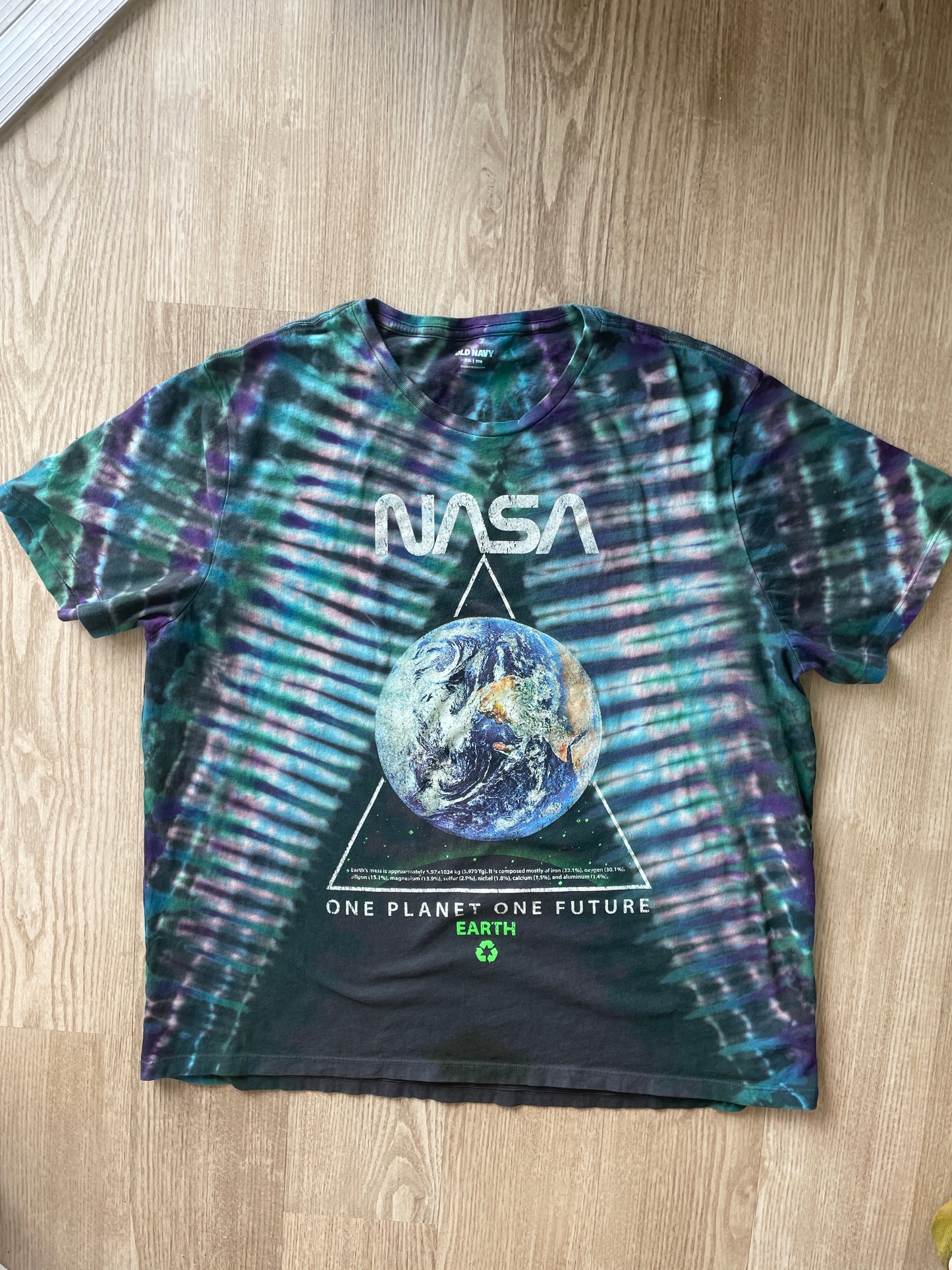 2XL Men’s NASA Planet Earth Handmade Reverse Tie Dye T-Shirt | One-Of-a-Kind Gray, Green, and Blue Short Sleeve