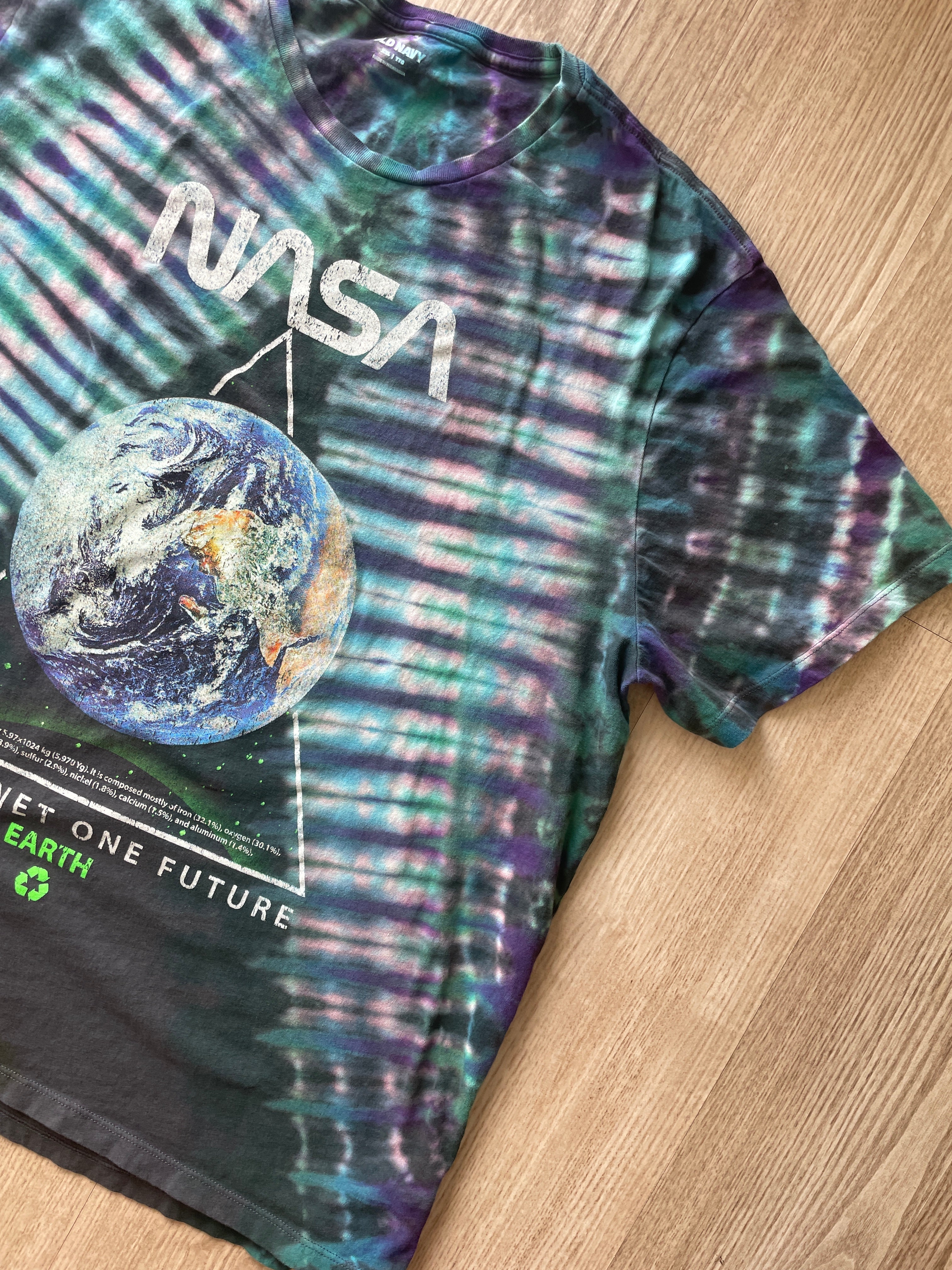 2XL Men’s NASA Planet Earth Handmade Reverse Tie Dye T-Shirt | One-Of-a-Kind Gray, Green, and Blue Short Sleeve