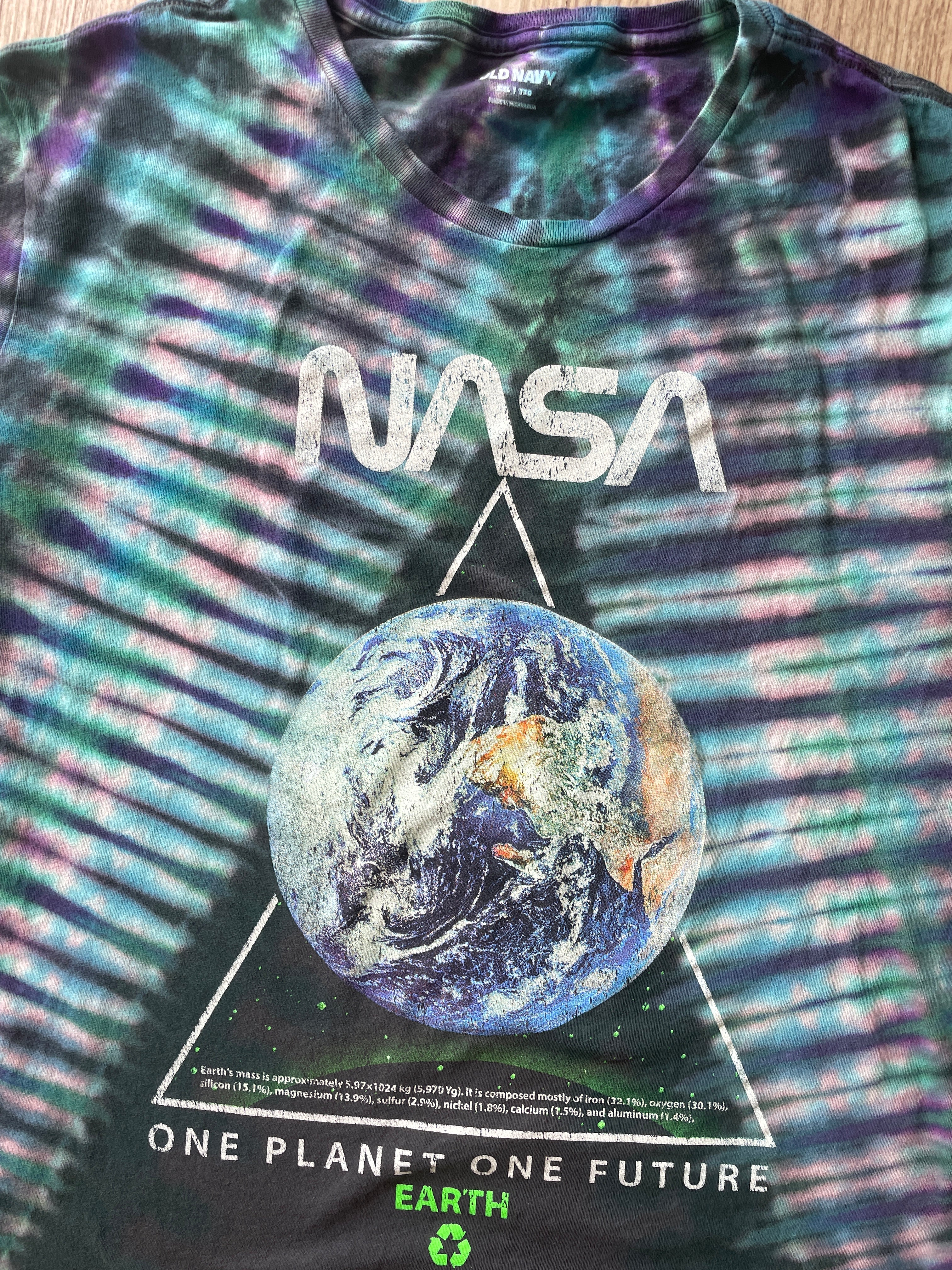 2XL Men’s NASA Planet Earth Handmade Reverse Tie Dye T-Shirt | One-Of-a-Kind Gray, Green, and Blue Short Sleeve