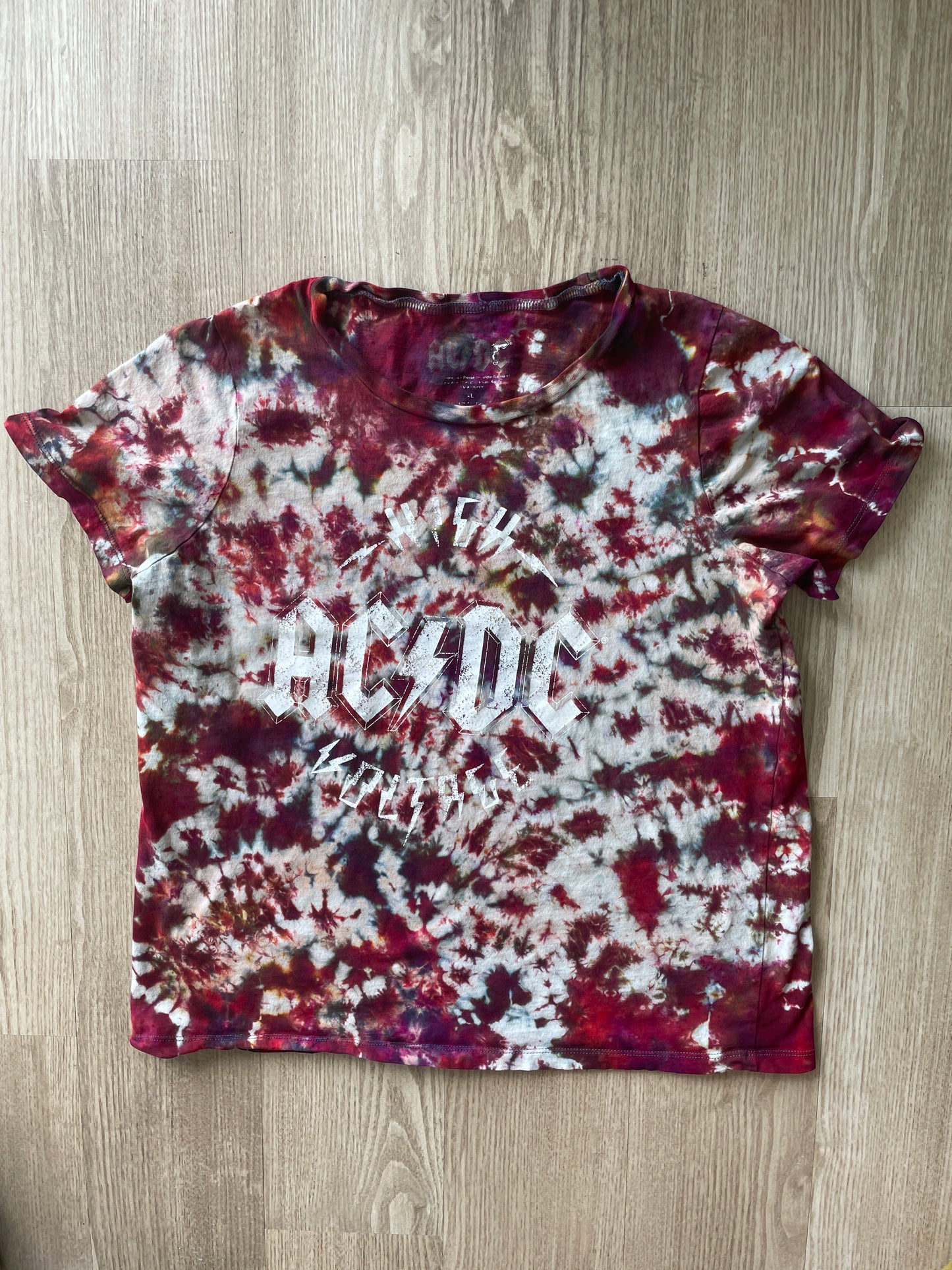 XL Women's AC/DC High Voltage Rock and Roll Handmade Reverse Tie Dye T-Shirt | One-Of-a-Kind Black and Red Short Sleeve