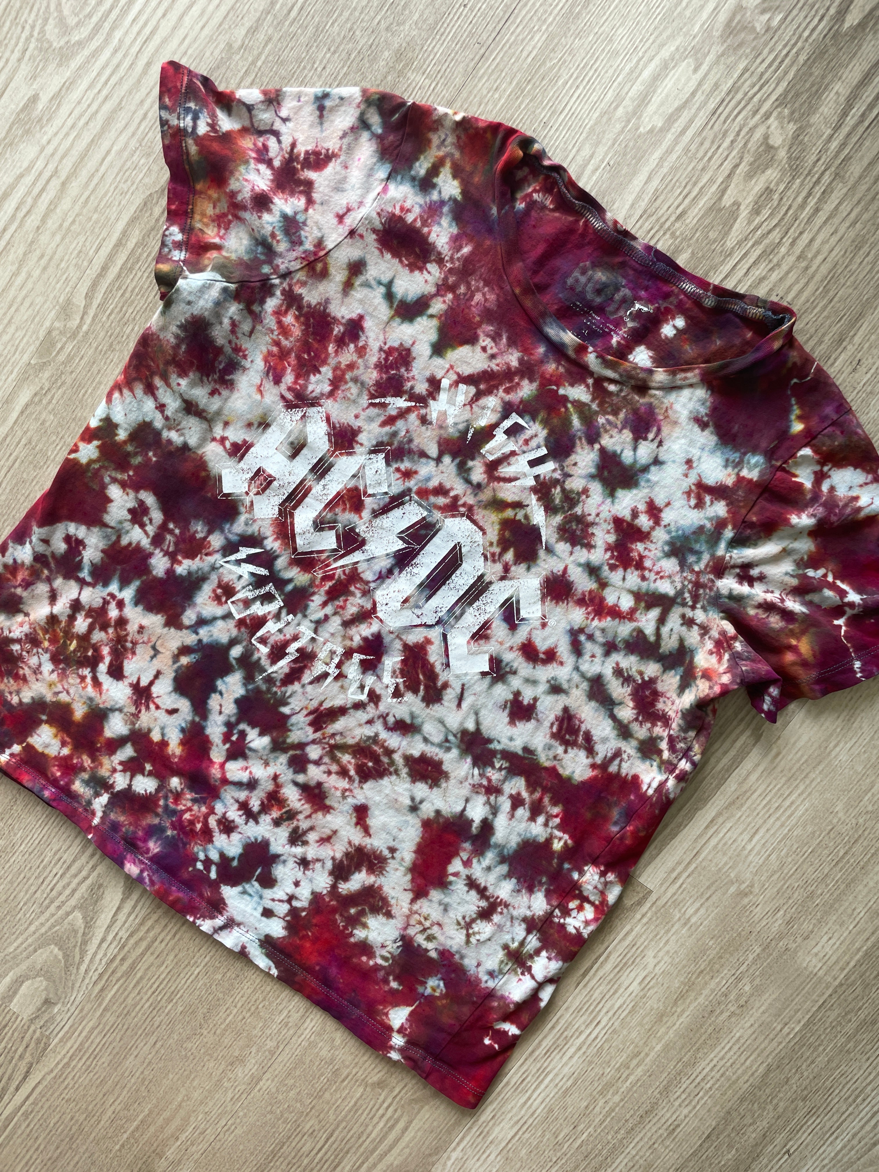 XL Women's AC/DC High Voltage Rock and Roll Handmade Reverse Tie Dye T-Shirt | One-Of-a-Kind Black and Red Short Sleeve