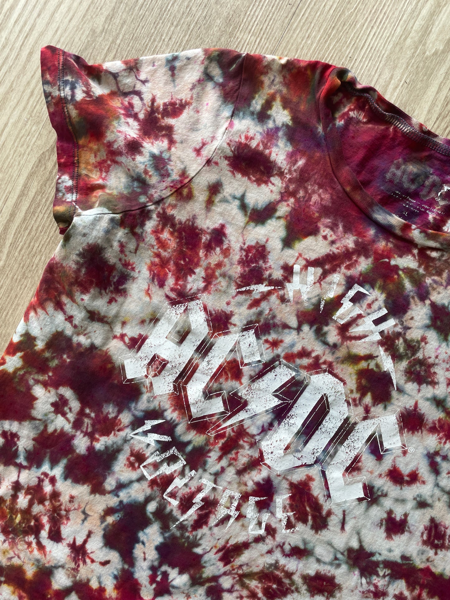 XL Women's AC/DC High Voltage Rock and Roll Handmade Reverse Tie Dye T-Shirt | One-Of-a-Kind Black and Red Short Sleeve