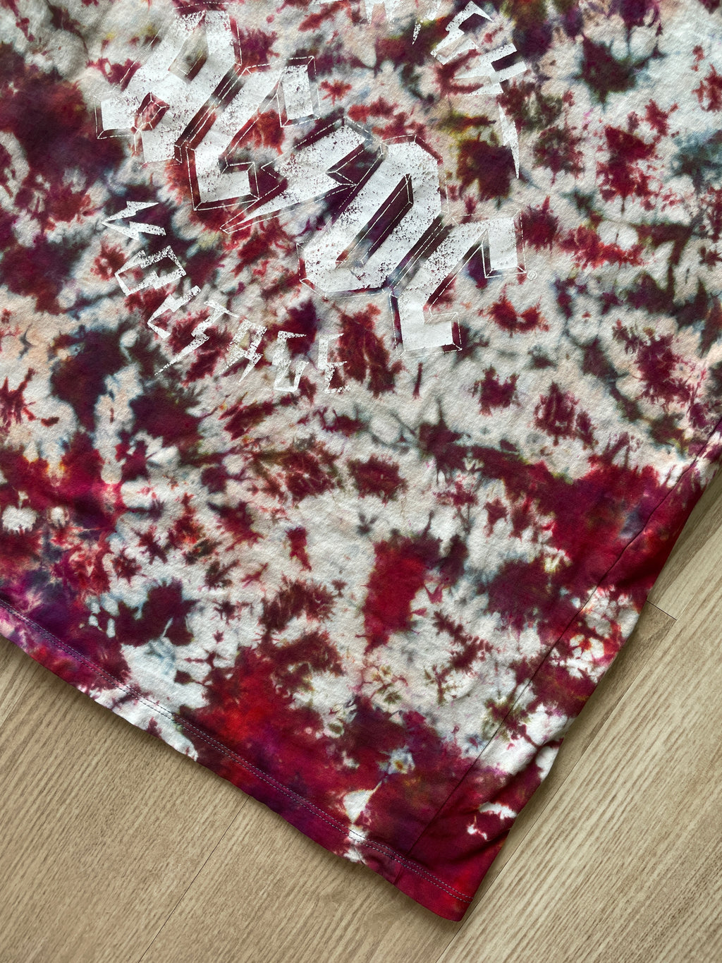 XL Women's AC/DC High Voltage Rock and Roll Handmade Reverse Tie Dye T-Shirt | One-Of-a-Kind Black and Red Short Sleeve