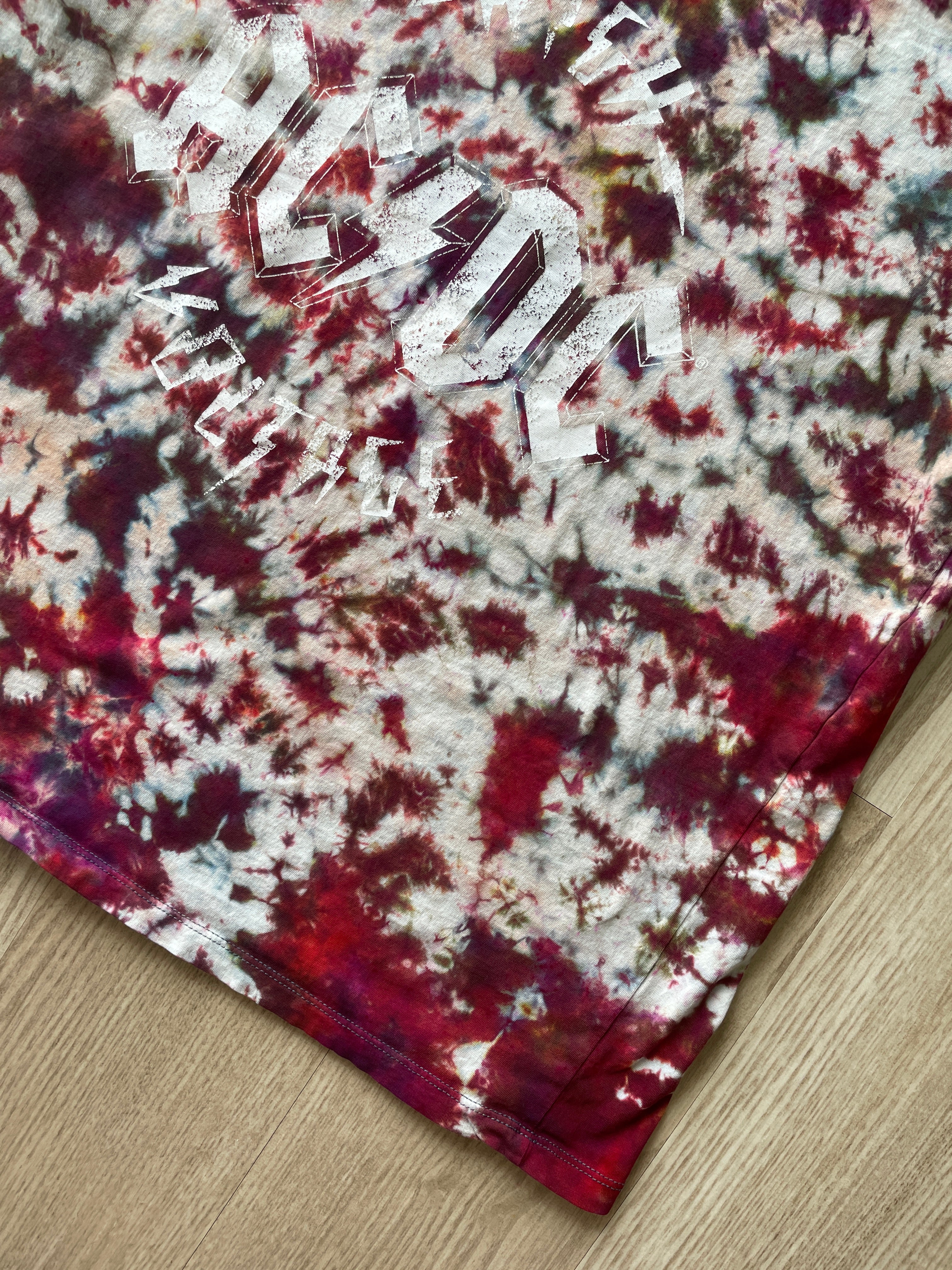 XL Women's AC/DC High Voltage Rock and Roll Handmade Reverse Tie Dye T-Shirt | One-Of-a-Kind Black and Red Short Sleeve