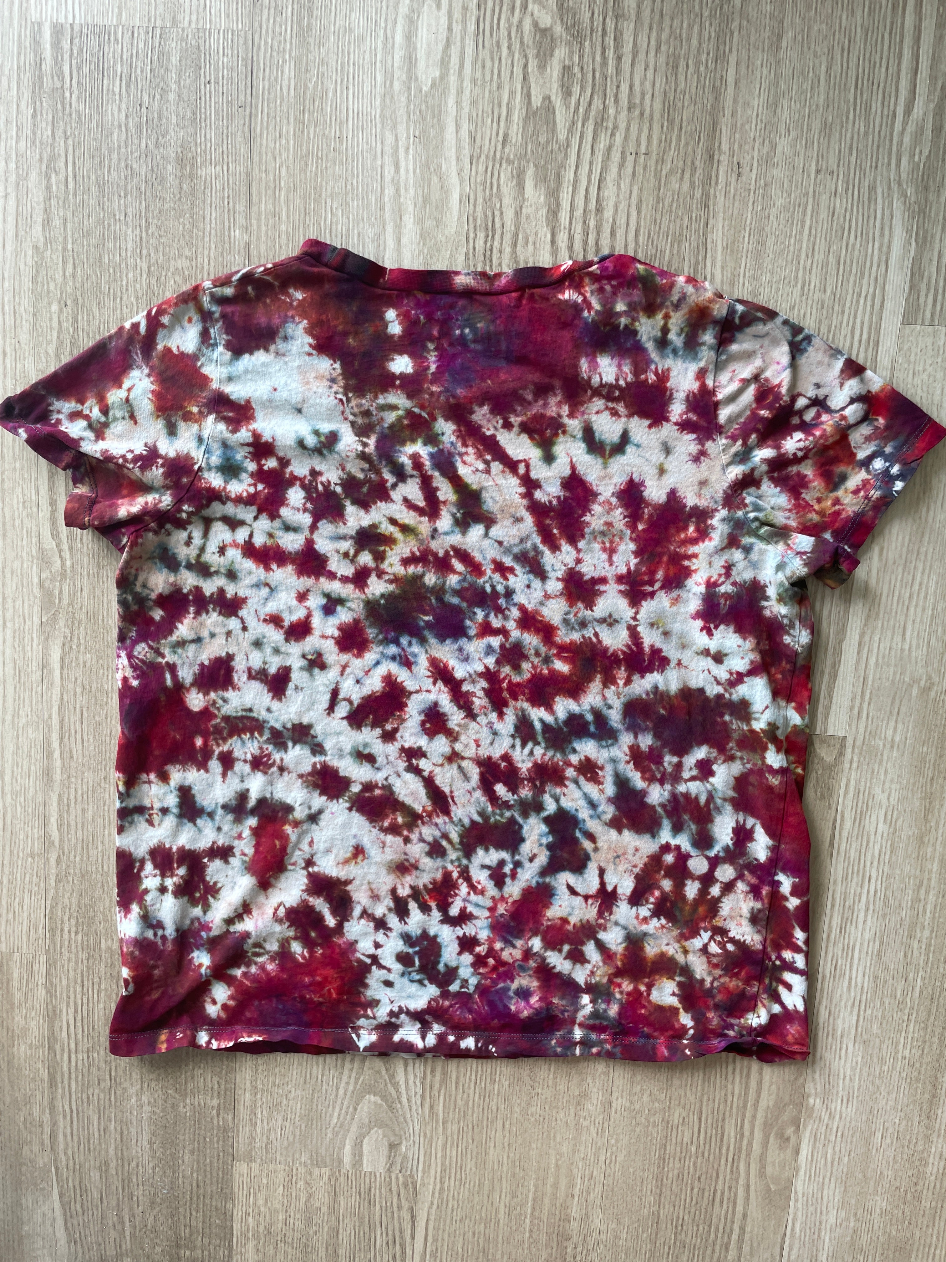 XL Women's AC/DC High Voltage Rock and Roll Handmade Reverse Tie Dye T-Shirt | One-Of-a-Kind Black and Red Short Sleeve