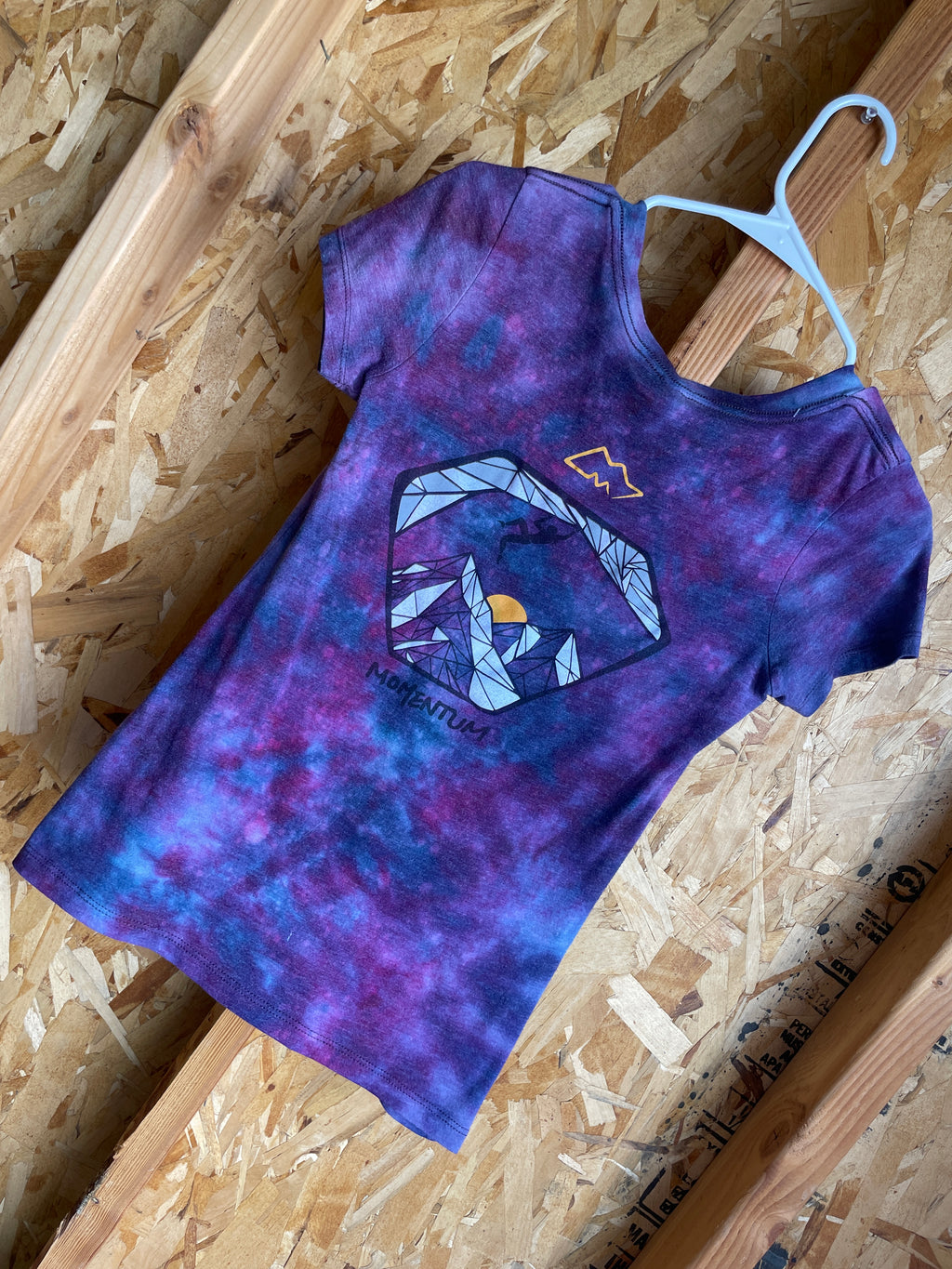 Small Women’s Momentum Climbing Handmade Tie Dye V-Neck T-Shirt | Blue and Purple Galaxy Ice Dye Short Sleeve