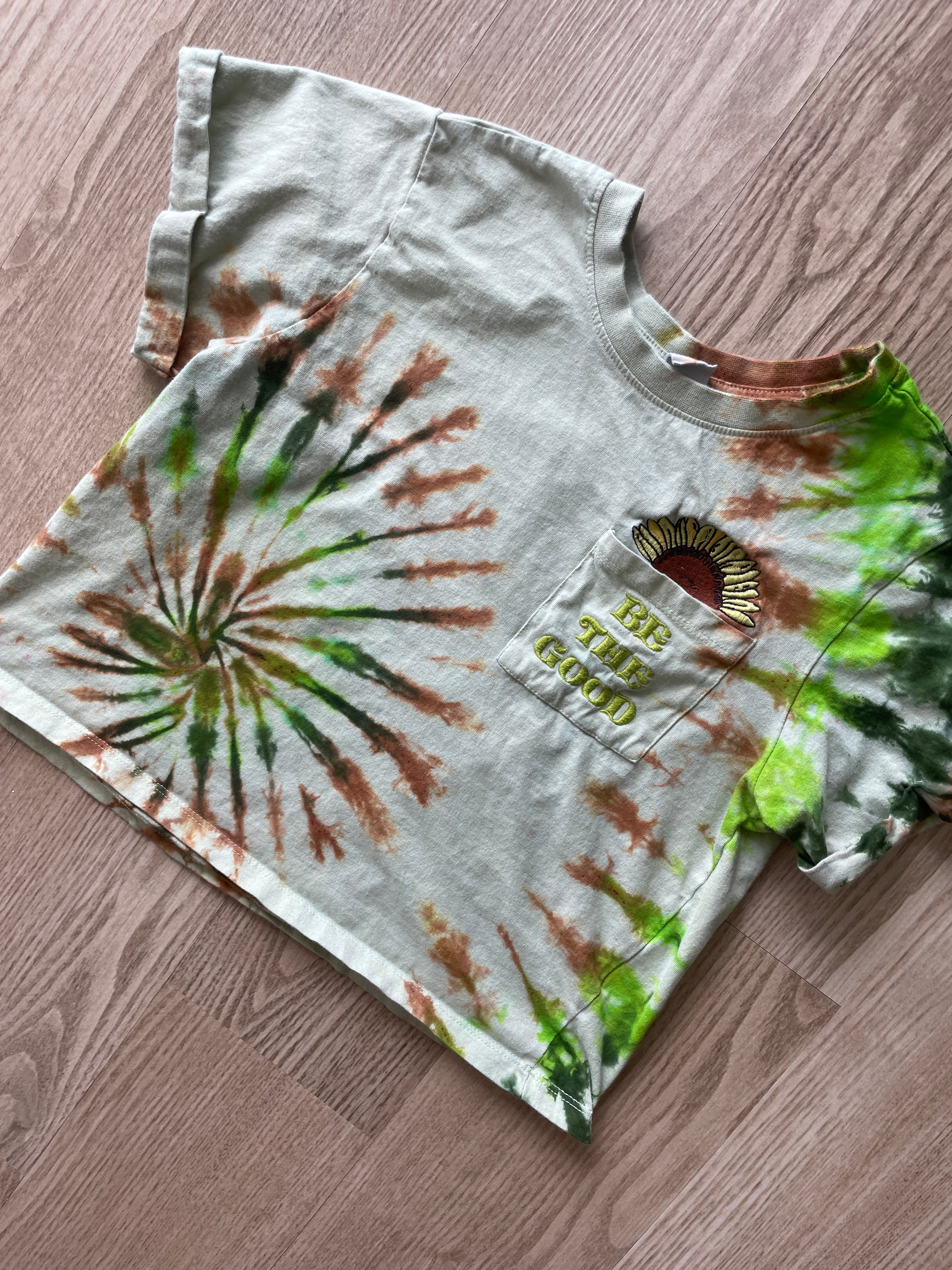 SMALL Women’s Be the Good in the World Yellow Sunflower Handmade Tie Dye Crop Top | One-Of-a-Kind Yellow and Green Short Sleeve