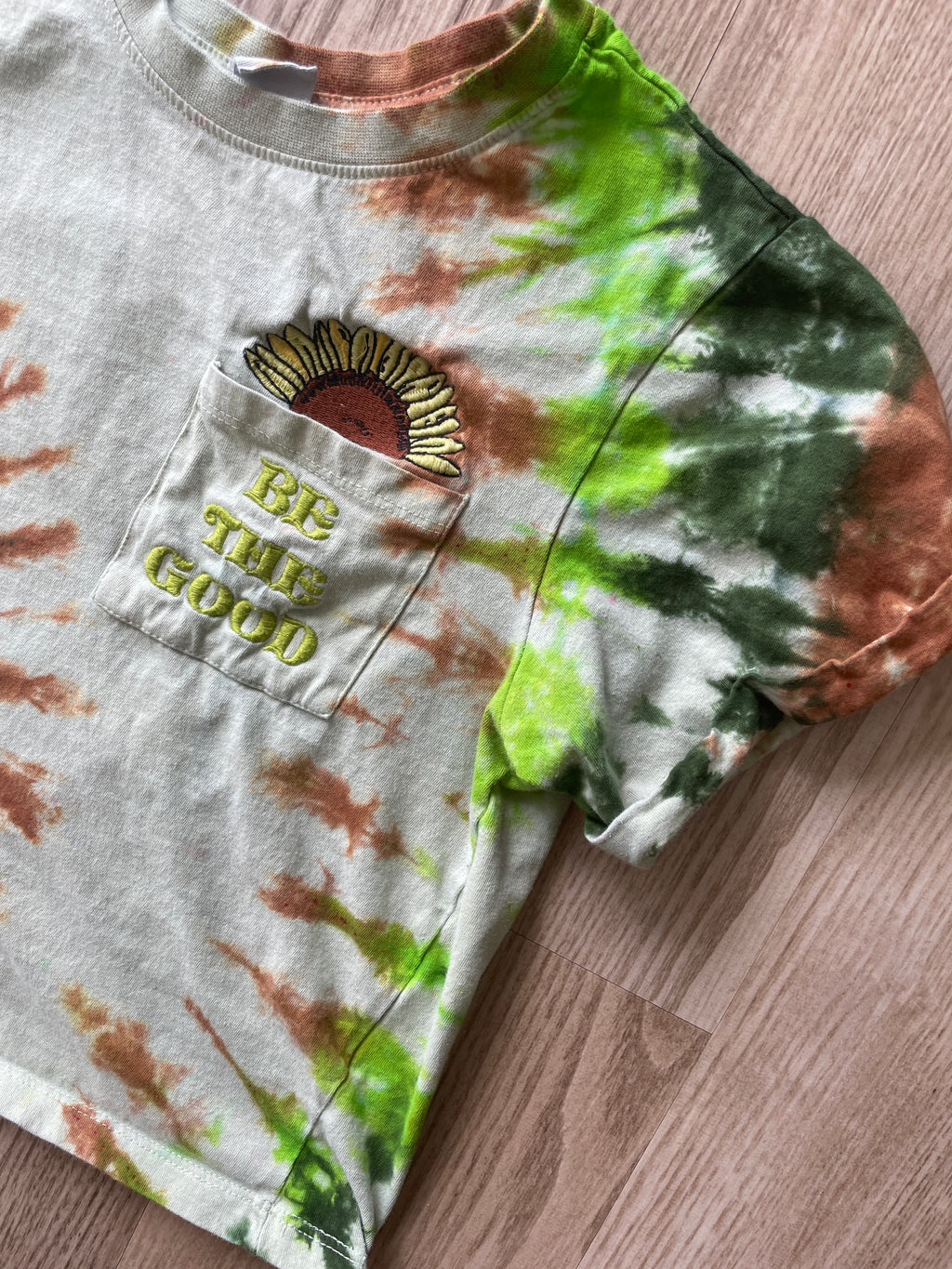 SMALL Women’s Be the Good in the World Yellow Sunflower Handmade Tie Dye Crop Top | One-Of-a-Kind Yellow and Green Short Sleeve