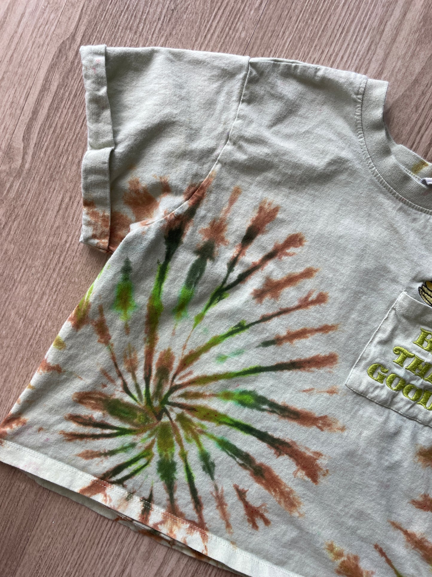 SMALL Women’s Be the Good in the World Yellow Sunflower Handmade Tie Dye Crop Top | One-Of-a-Kind Yellow and Green Short Sleeve