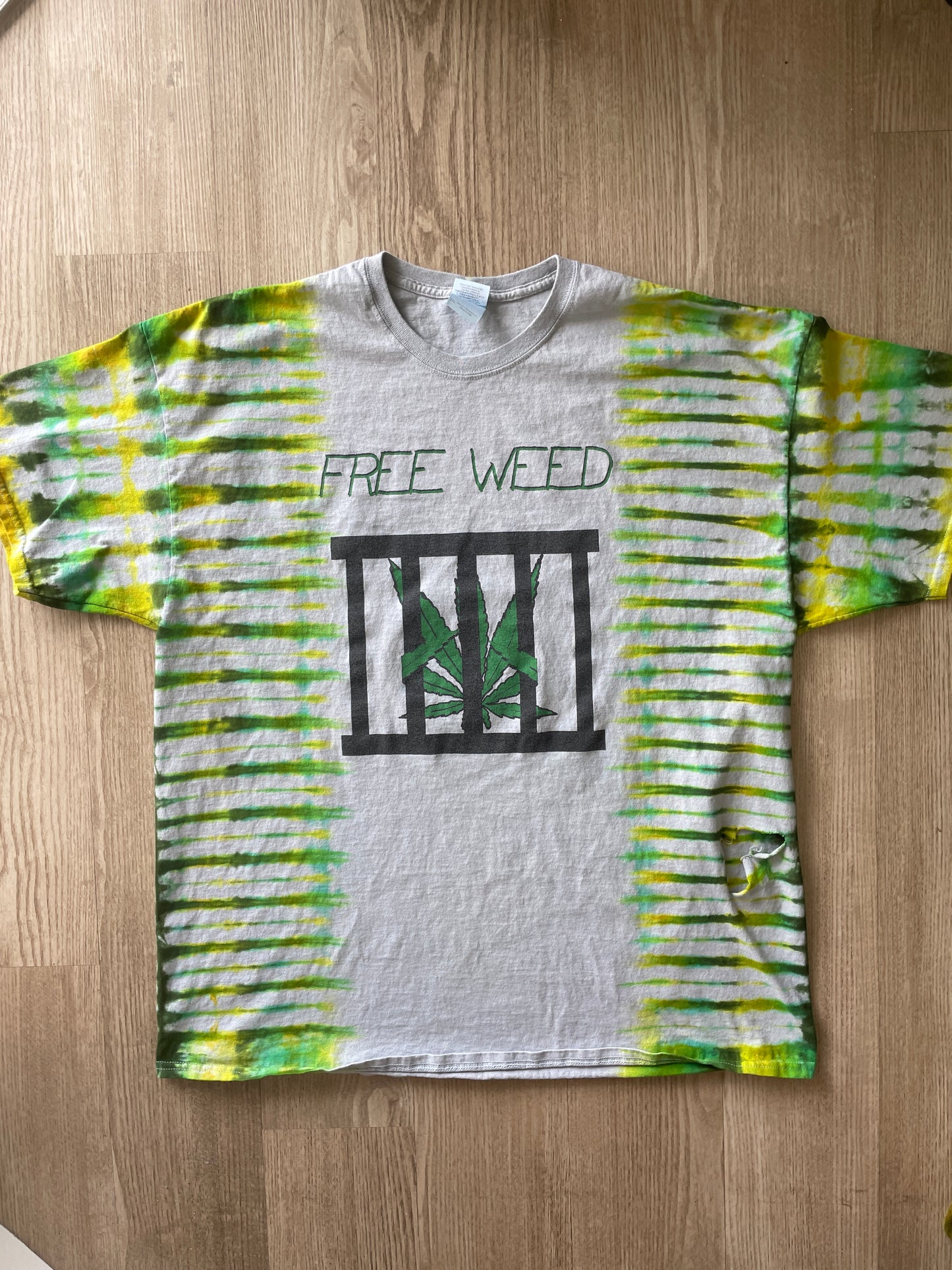2XL Men’s Vintage Free Weed | It's Only Medicinal Double-Sided Handmade Tie Dye T-Shirt | One-Of-a-Kind White and Green Vintage Short Sleeve Shirt