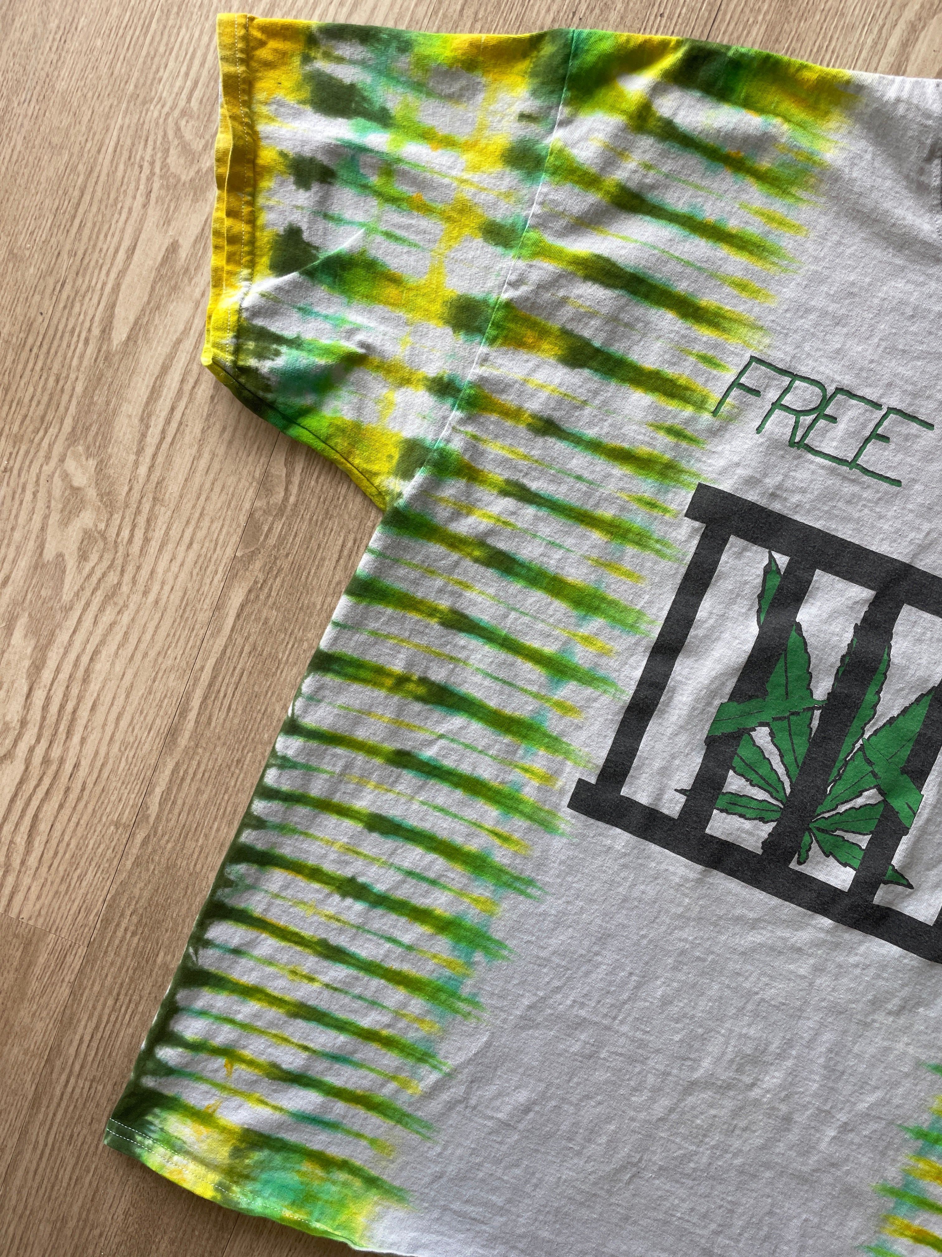 2XL Men’s Vintage Free Weed | It's Only Medicinal Double-Sided Handmade Tie Dye T-Shirt | One-Of-a-Kind White and Green Vintage Short Sleeve Shirt