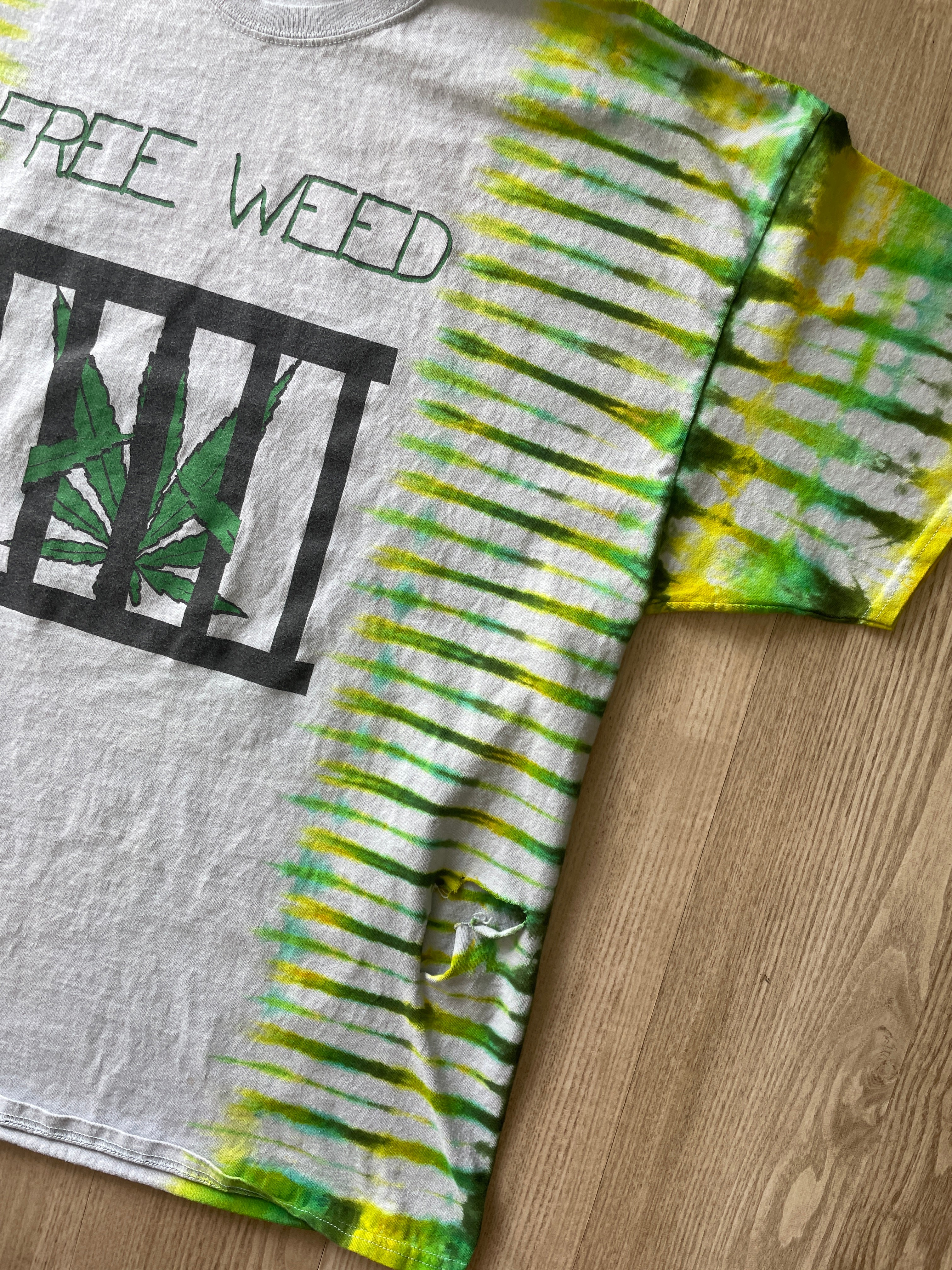 2XL Men’s Vintage Free Weed | It's Only Medicinal Double-Sided Handmade Tie Dye T-Shirt | One-Of-a-Kind White and Green Vintage Short Sleeve Shirt