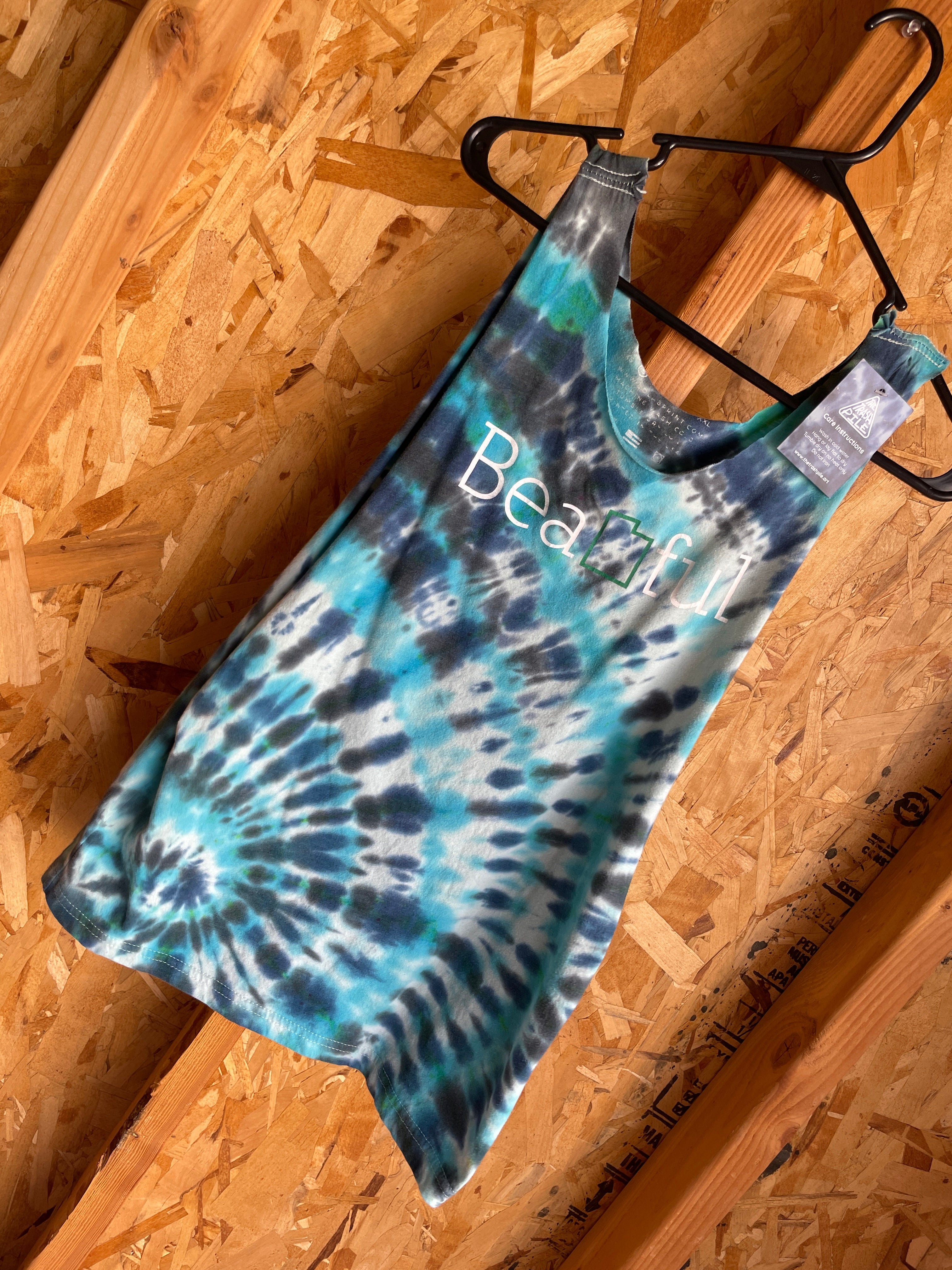Small Men’s BeUTAHful Handmade Tie Dye Cut-off T-Shirt | Blue, Green, and Black Spiral Tie Dye Tank