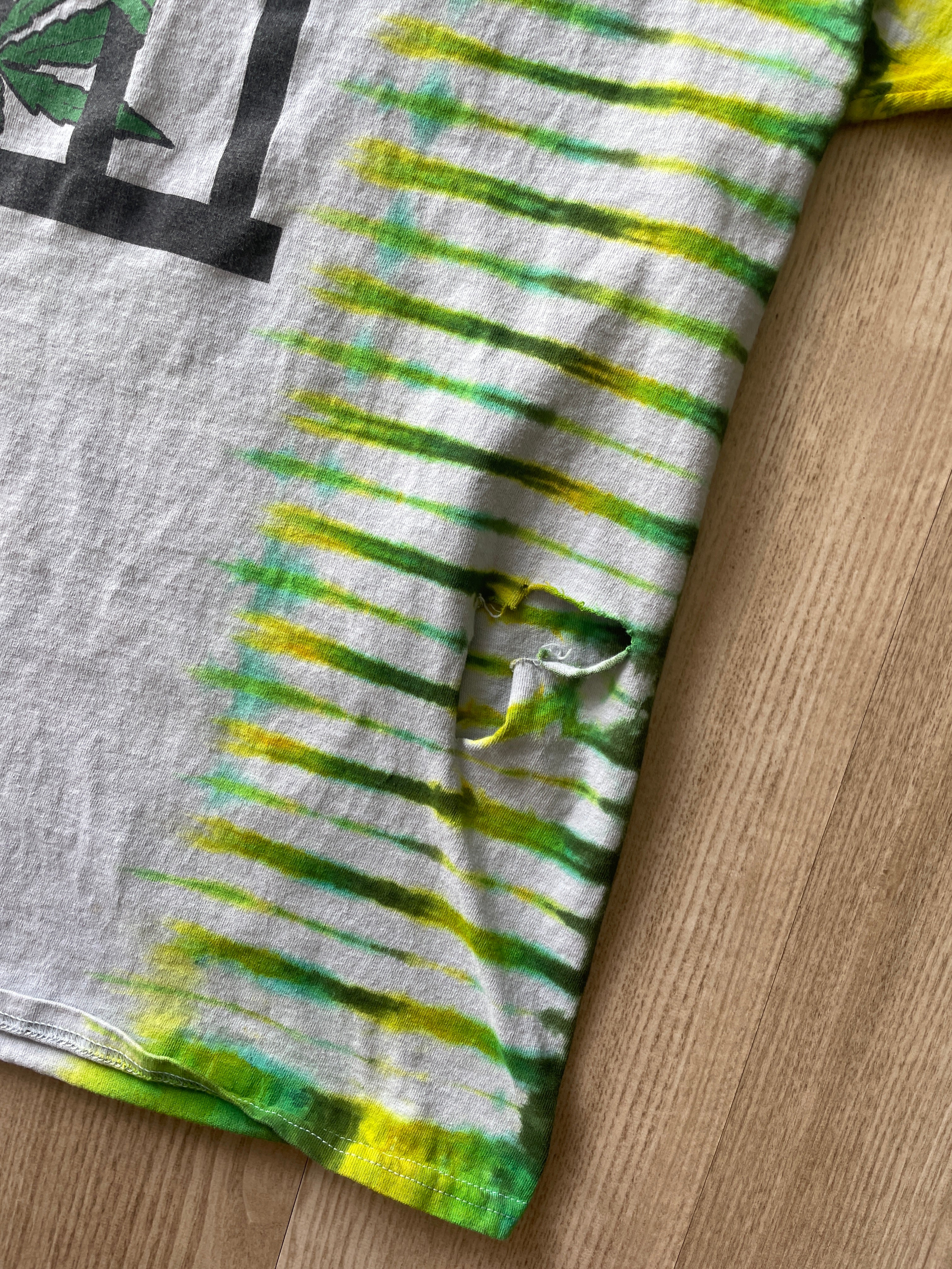 2XL Men’s Vintage Free Weed | It's Only Medicinal Double-Sided Handmade Tie Dye T-Shirt | One-Of-a-Kind White and Green Vintage Short Sleeve Shirt