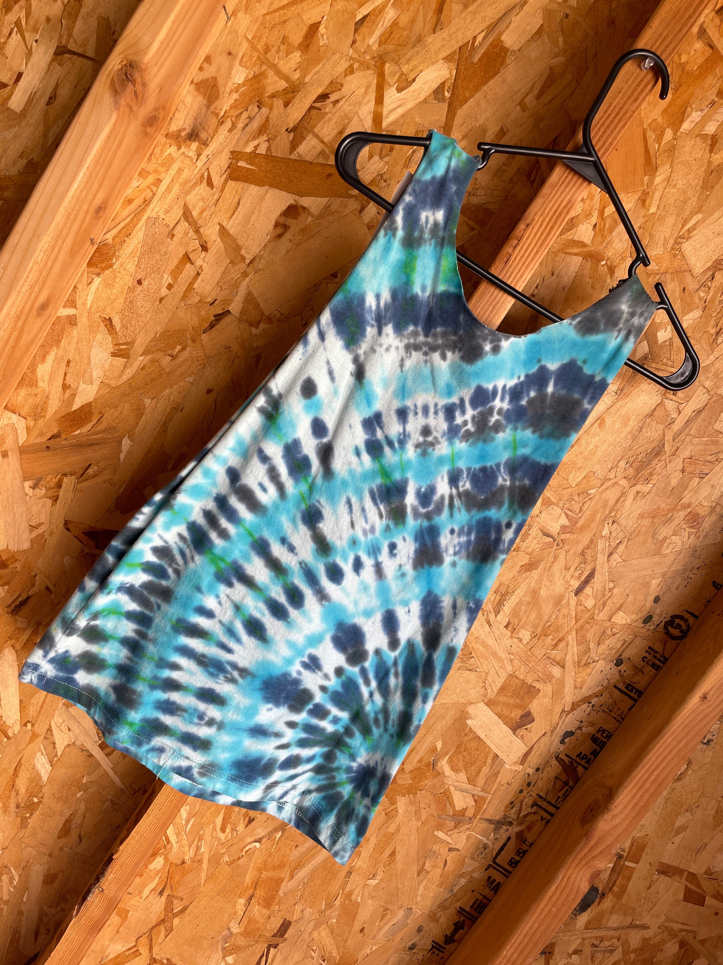 Small Men’s BeUTAHful Handmade Tie Dye Cut-off T-Shirt | Blue, Green, and Black Spiral Tie Dye Tank