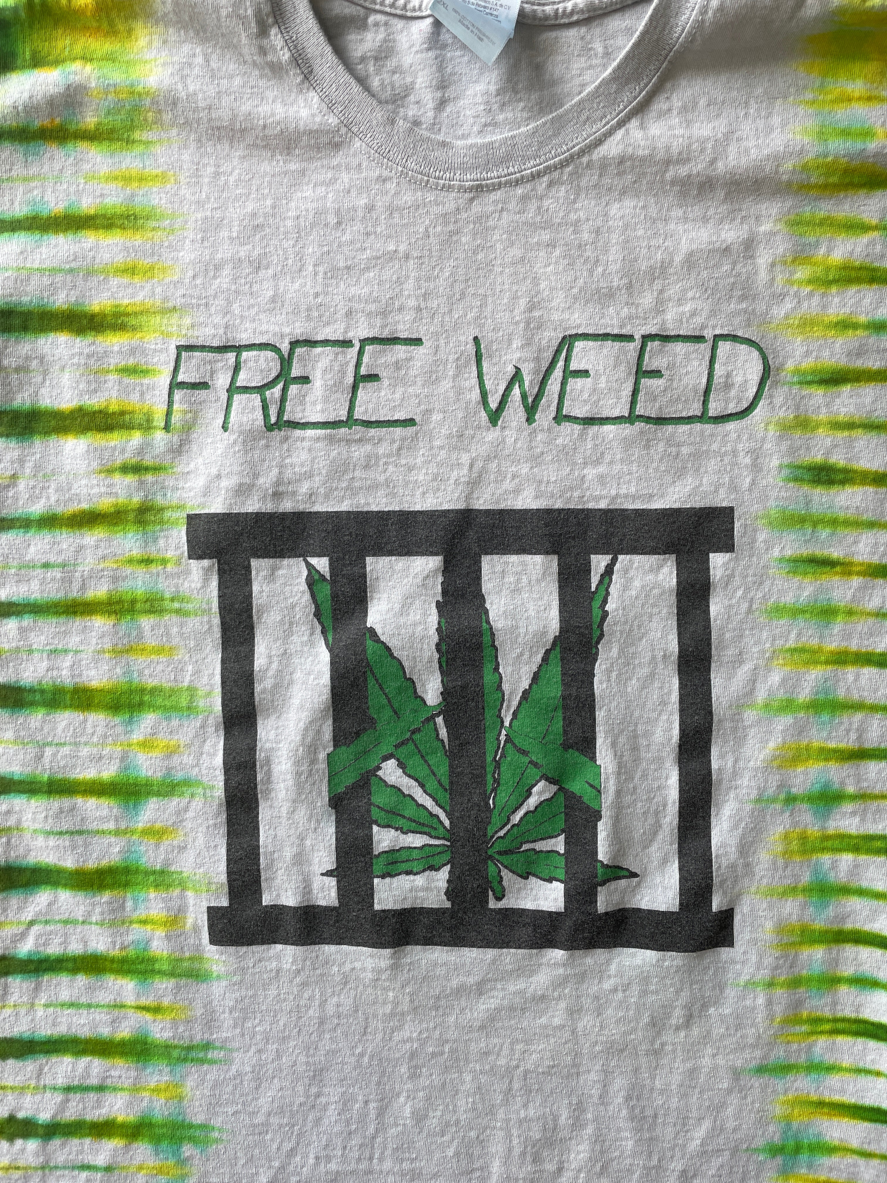 2XL Men’s Vintage Free Weed | It's Only Medicinal Double-Sided Handmade Tie Dye T-Shirt | One-Of-a-Kind White and Green Vintage Short Sleeve Shirt