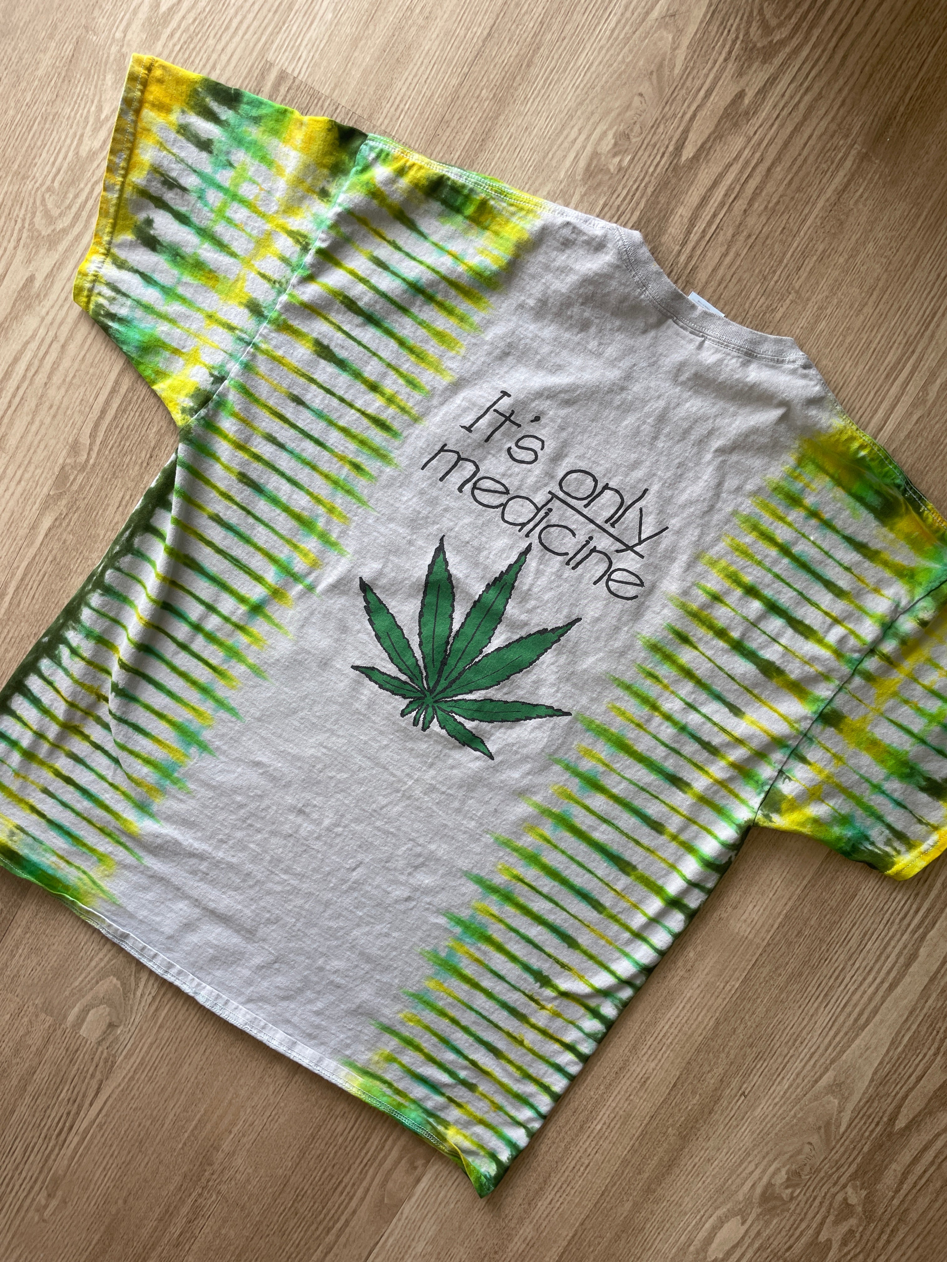 2XL Men’s Vintage Free Weed | It's Only Medicinal Double-Sided Handmade Tie Dye T-Shirt | One-Of-a-Kind White and Green Vintage Short Sleeve Shirt