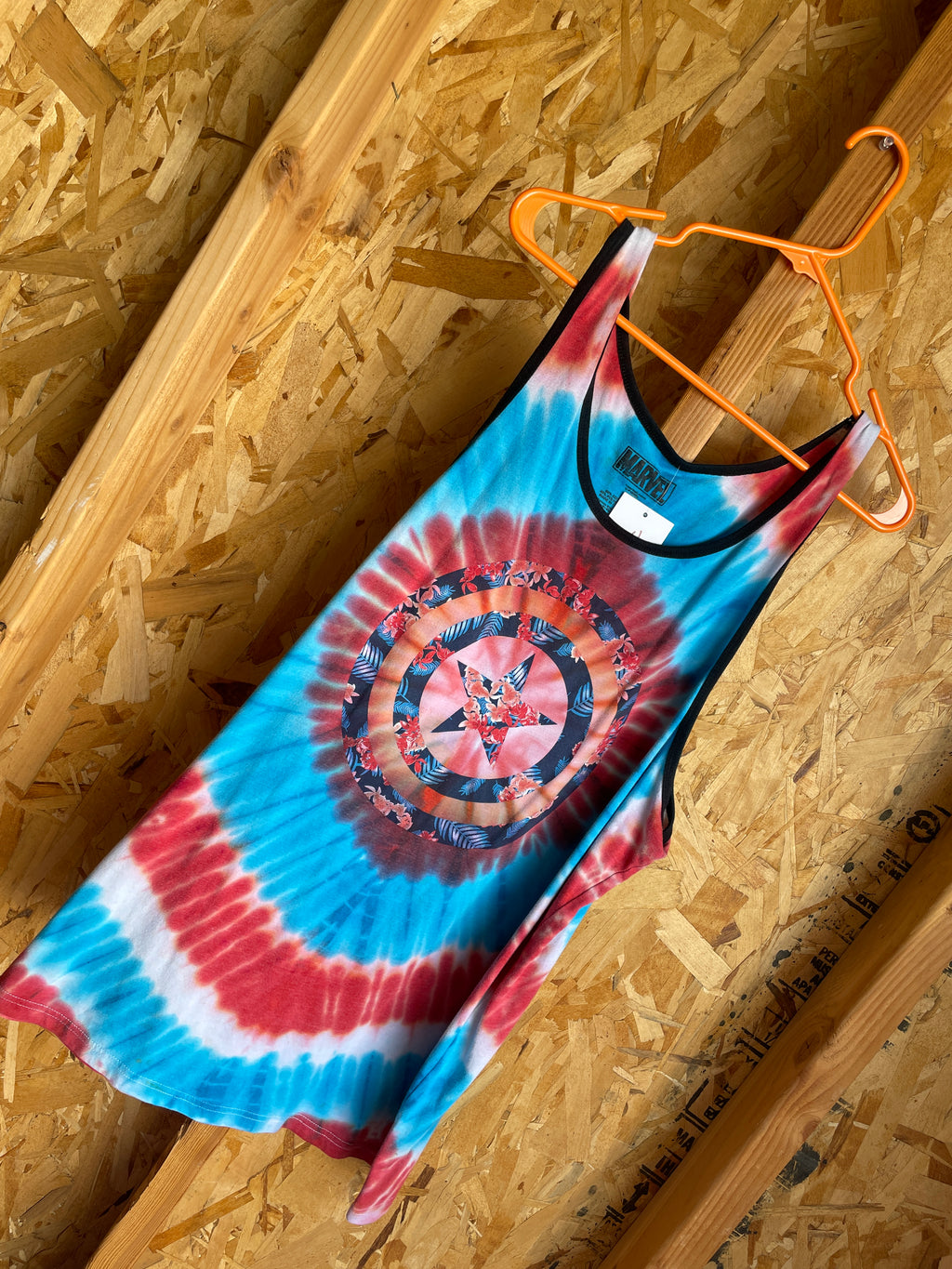 2XL Men’s Captain America Handmade Tie Dye Tank Top | Red, White, and Blue Pleated Tie Dye Sleeveless Shirt