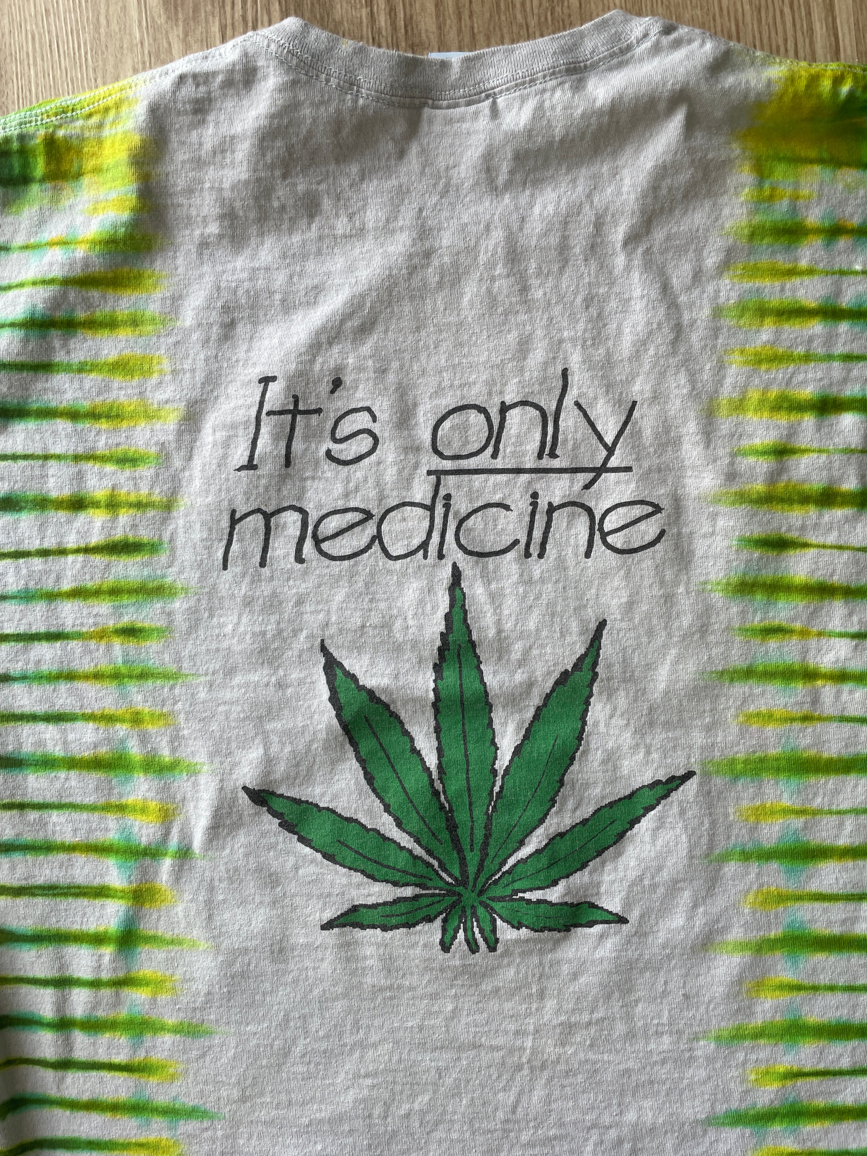 2XL Men’s Vintage Free Weed | It's Only Medicinal Double-Sided Handmade Tie Dye T-Shirt | One-Of-a-Kind White and Green Vintage Short Sleeve Shirt