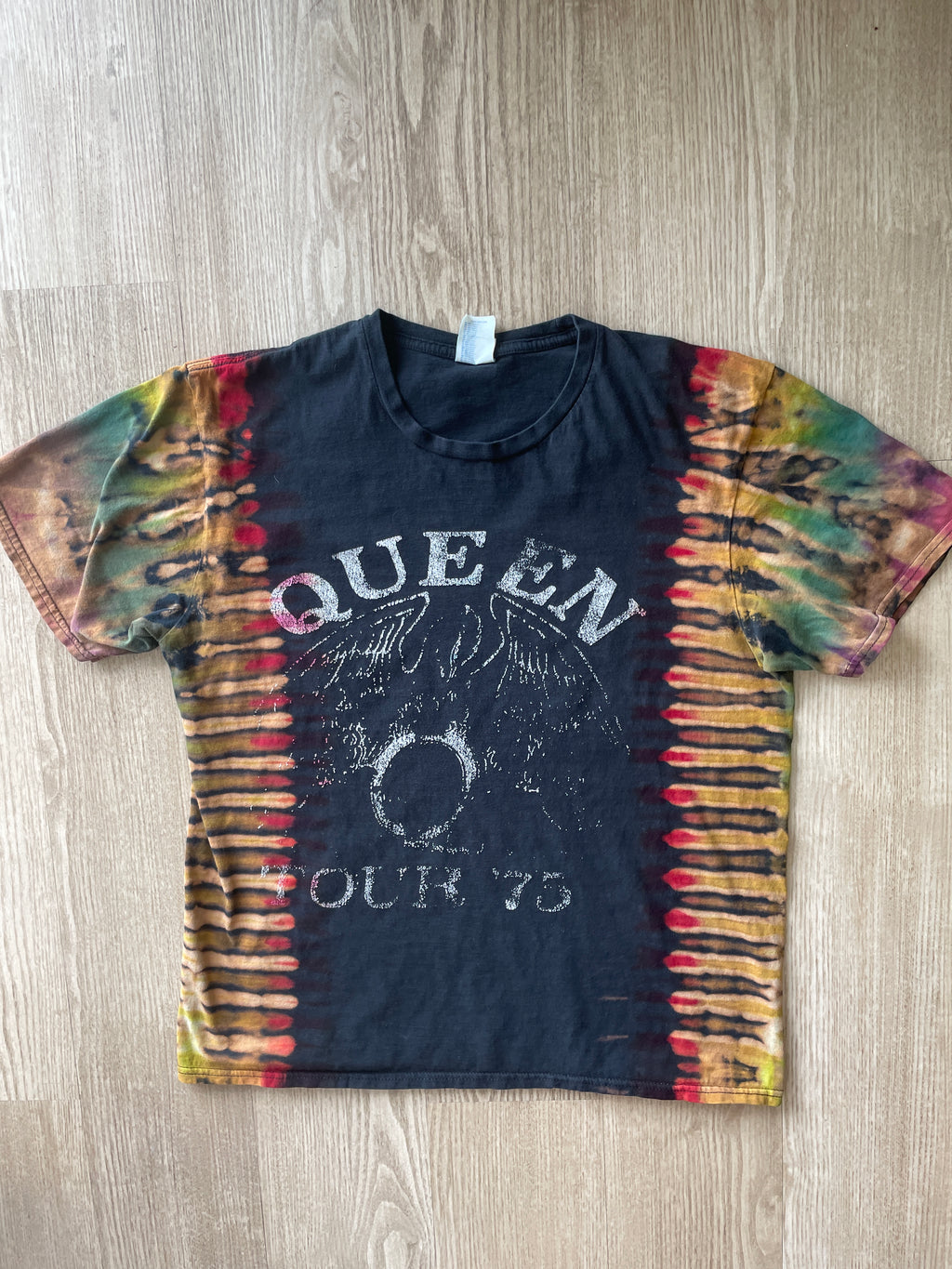 MEDIUM Men’s Queen 1975 Tour Handmade Tie Dye T-Shirt | One-Of-a-Kind Black and Rainbow Short Sleeve