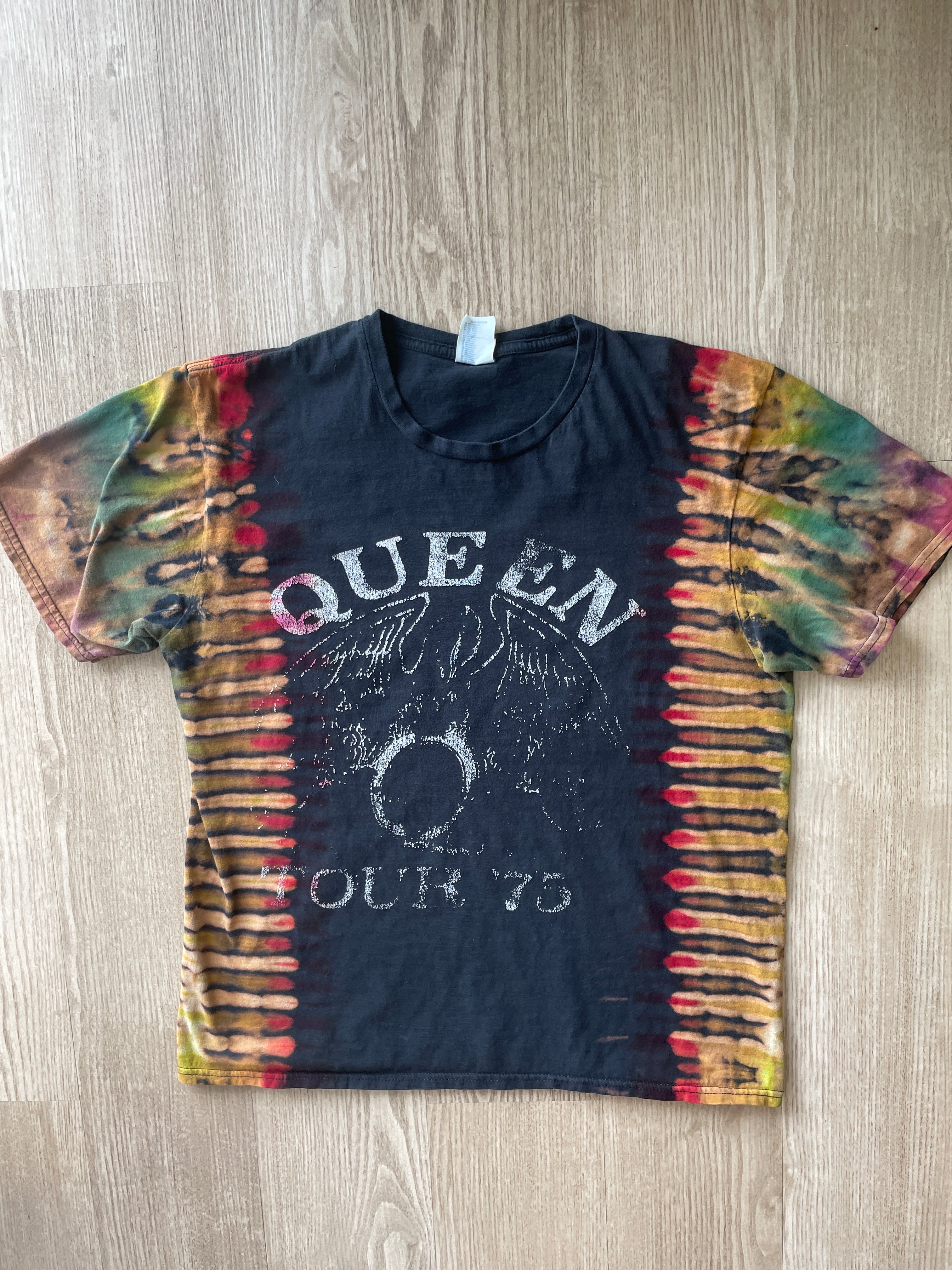 MEDIUM Men’s Queen 1975 Tour Handmade Tie Dye T-Shirt | One-Of-a-Kind Black and Rainbow Short Sleeve