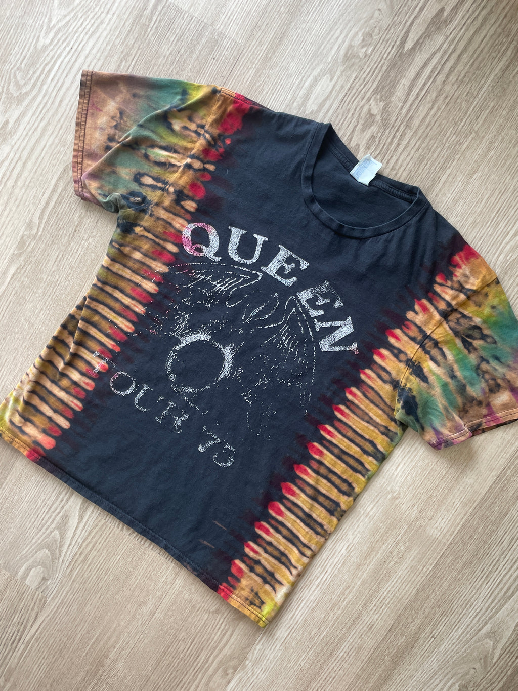 MEDIUM Men’s Queen 1975 Tour Handmade Tie Dye T-Shirt | One-Of-a-Kind Black and Rainbow Short Sleeve