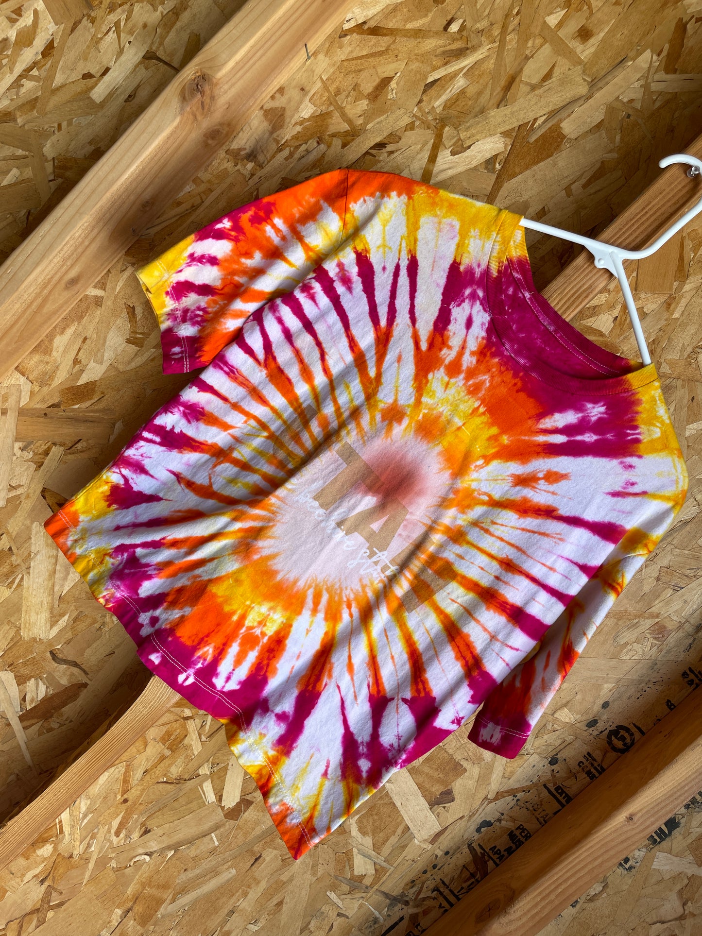 XL Women’s Utah Handmade Tie Dye Crop Top | Pink, Orange, and Yellow Sunburst Pleated Tie Dye Short Sleeve