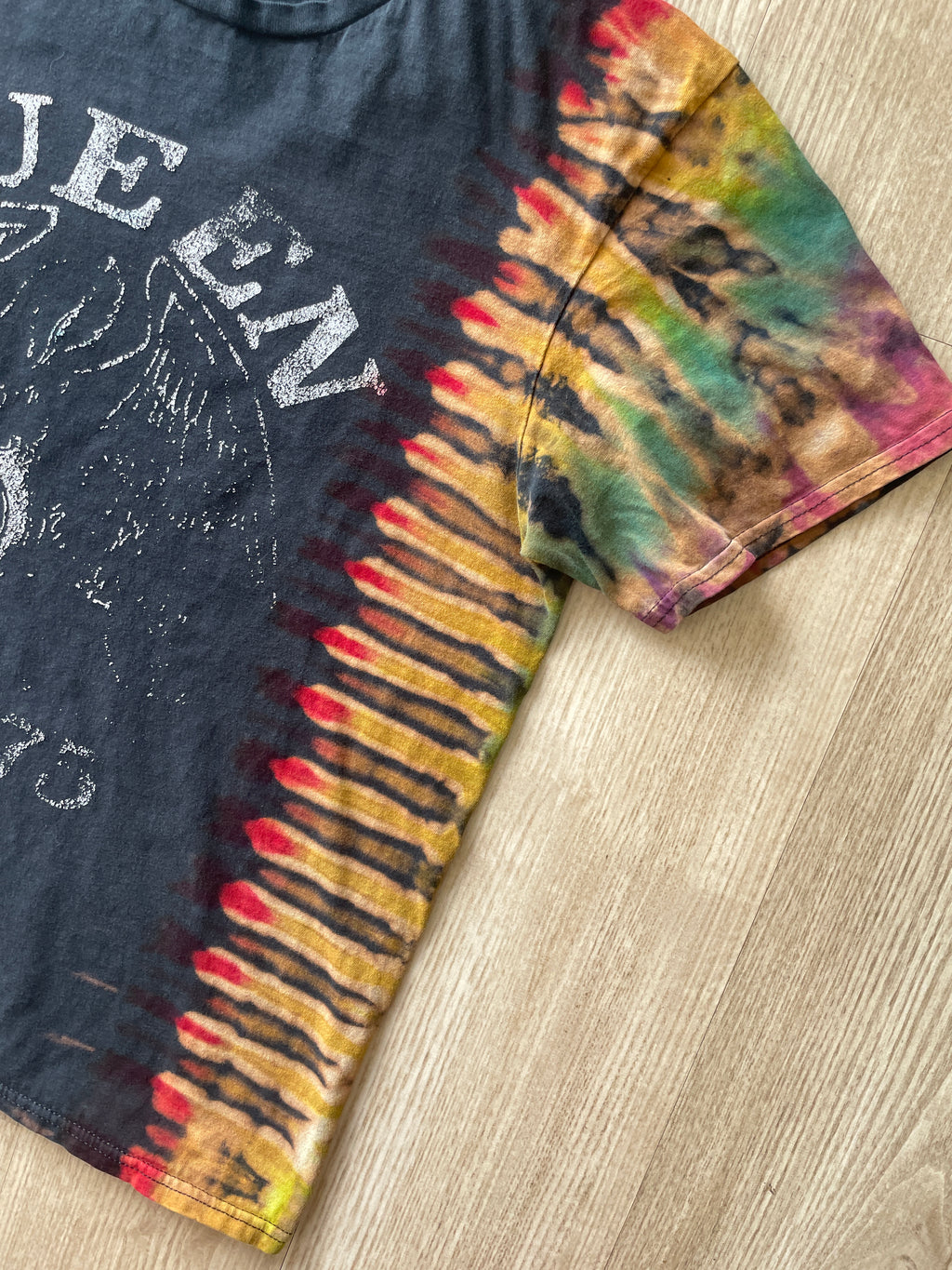 MEDIUM Men’s Queen 1975 Tour Handmade Tie Dye T-Shirt | One-Of-a-Kind Black and Rainbow Short Sleeve