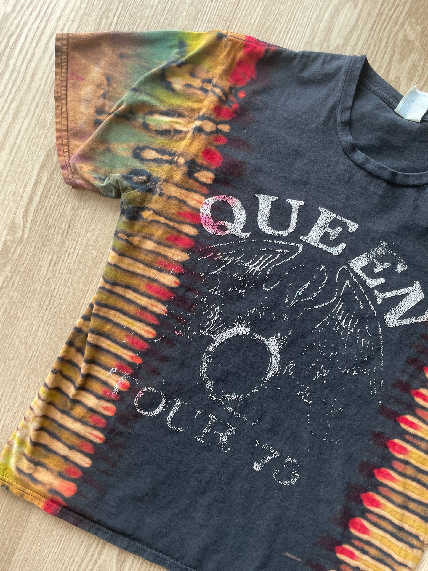 MEDIUM Men’s Queen 1975 Tour Handmade Tie Dye T-Shirt | One-Of-a-Kind Black and Rainbow Short Sleeve