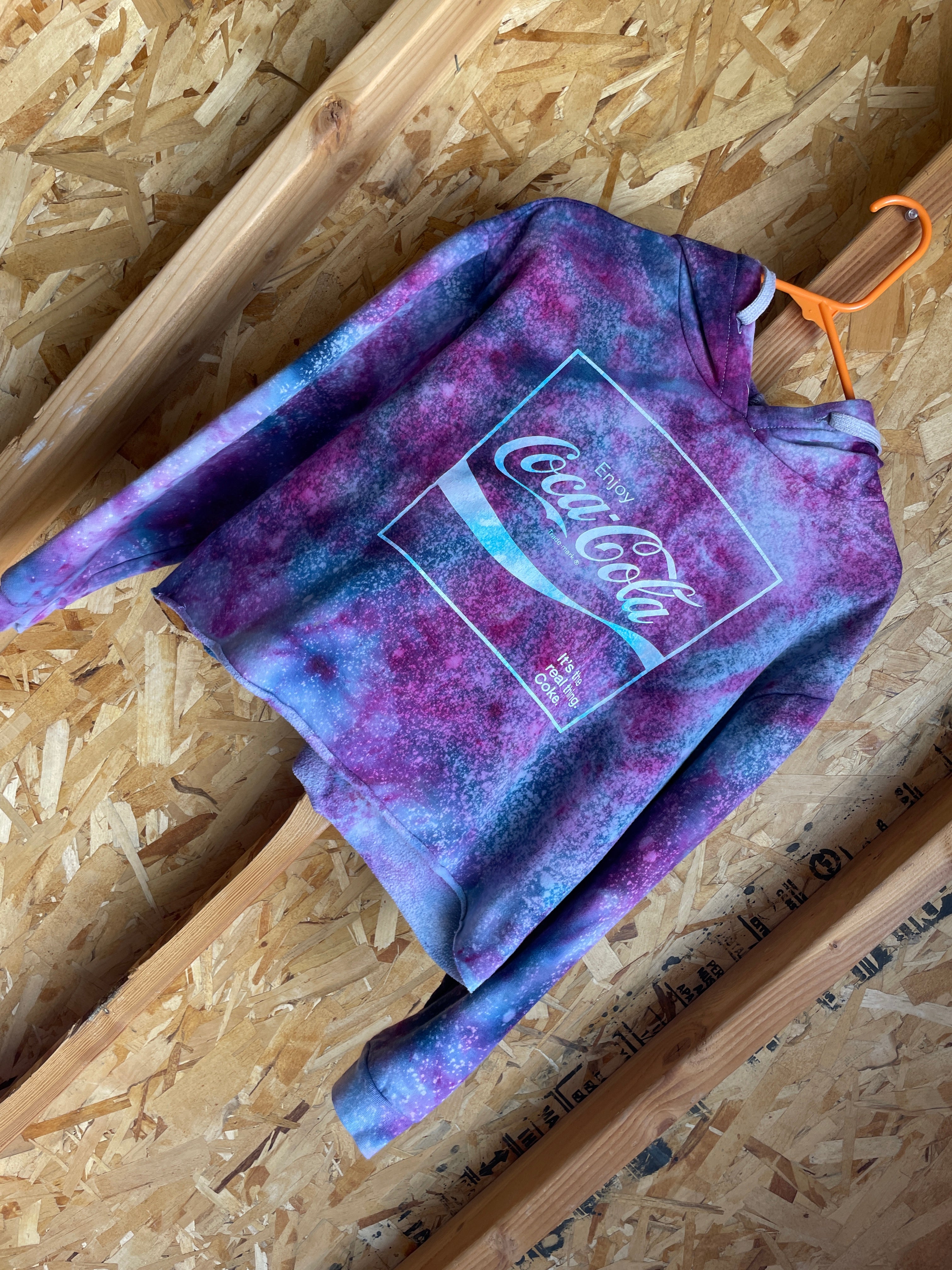 Small Women’s Coca-Cola Handmade Tie Dye Cropped Hoodie | Blue and Purple Galaxy Ice Dye Tie Dye Short Sleeve