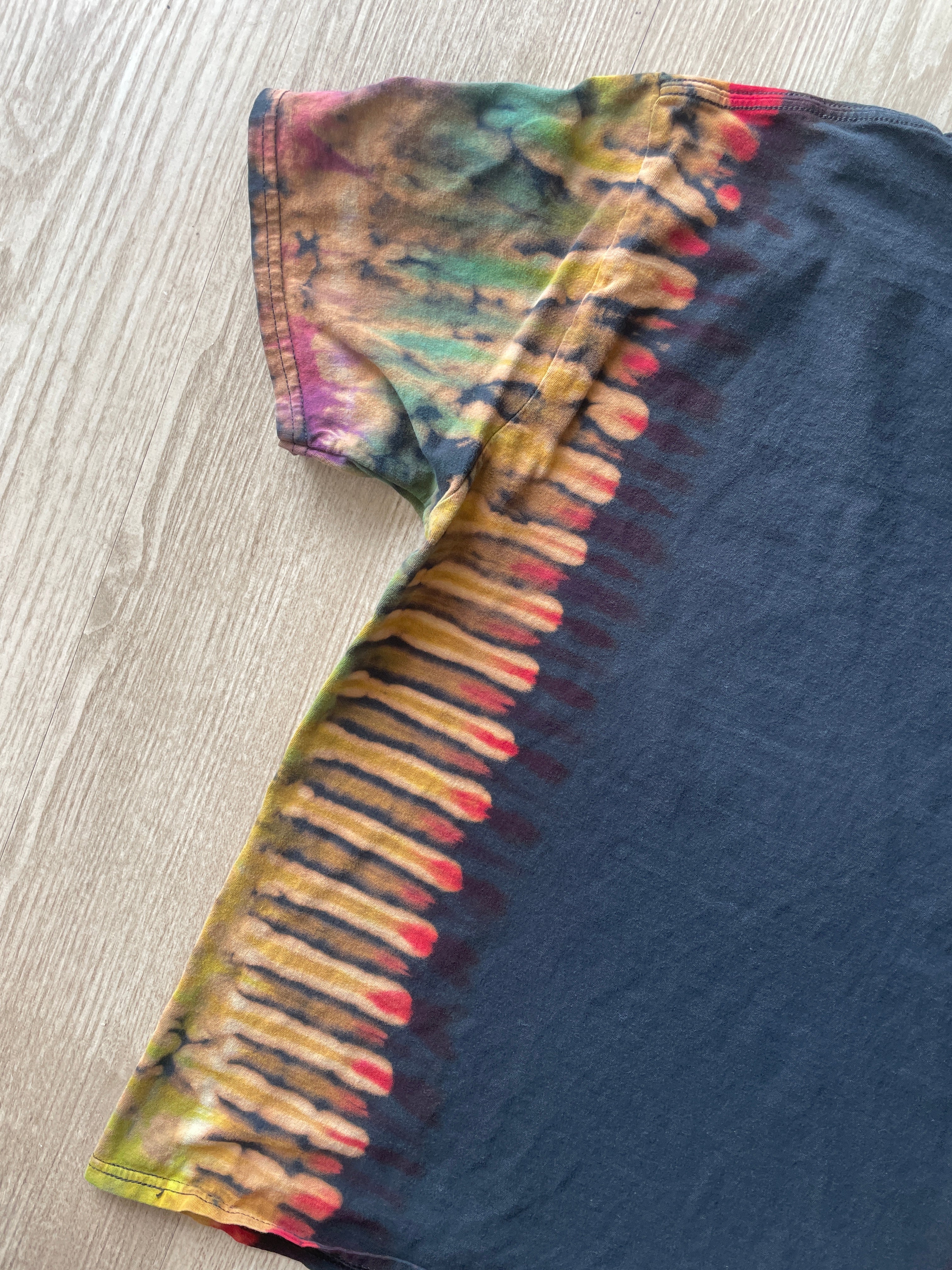 MEDIUM Men’s Queen 1975 Tour Handmade Tie Dye T-Shirt | One-Of-a-Kind Black and Rainbow Short Sleeve