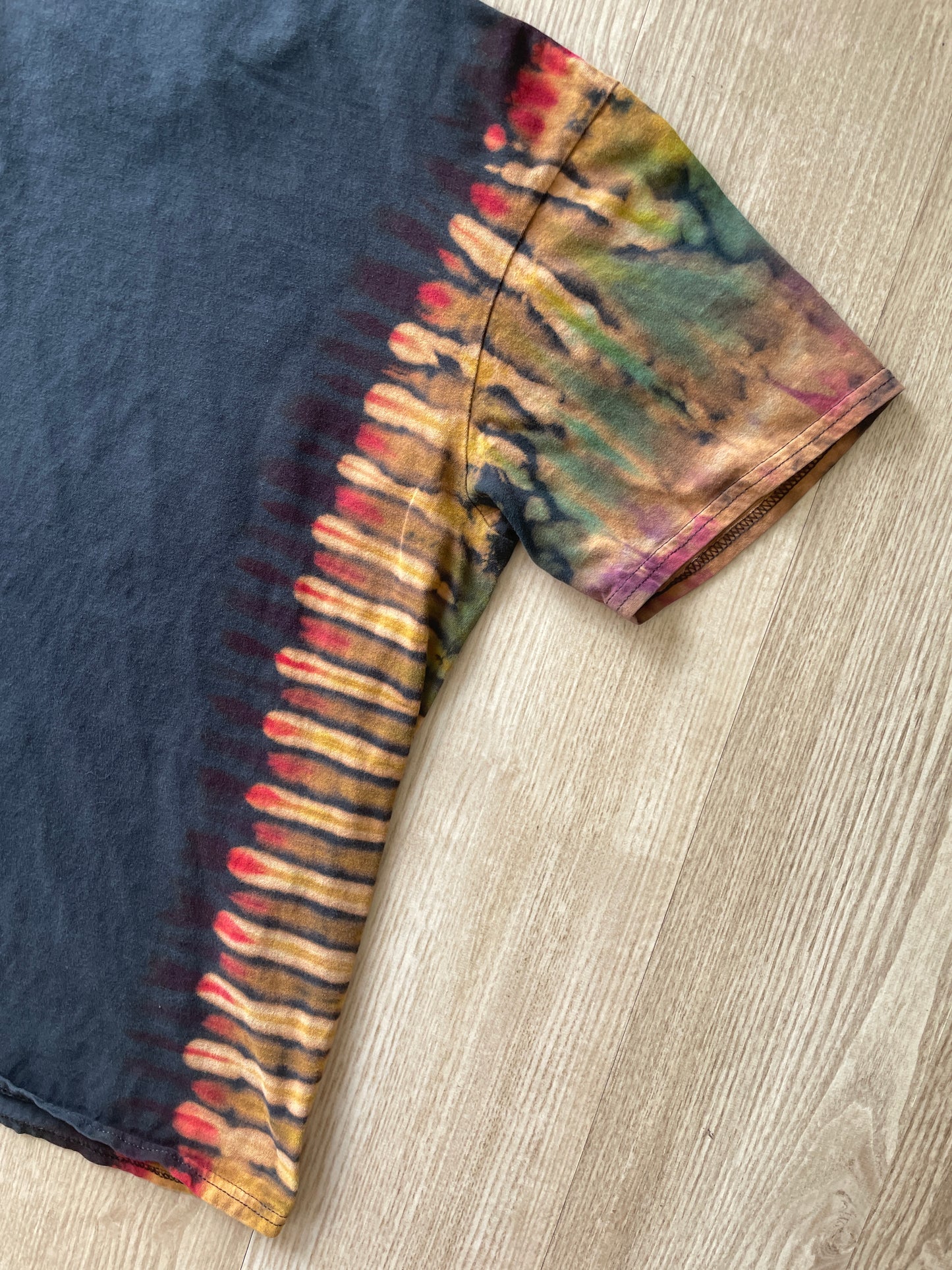 MEDIUM Men’s Queen 1975 Tour Handmade Tie Dye T-Shirt | One-Of-a-Kind Black and Rainbow Short Sleeve