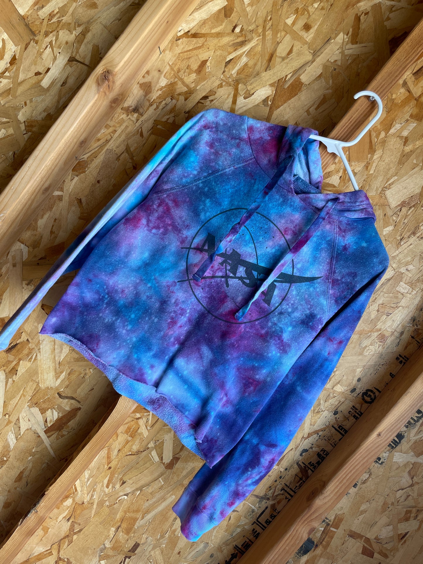 Medium Women's NASA Handmade Tie Dye Cropped Hoodie | Purple and Blue Tie Dye Sweatshirt