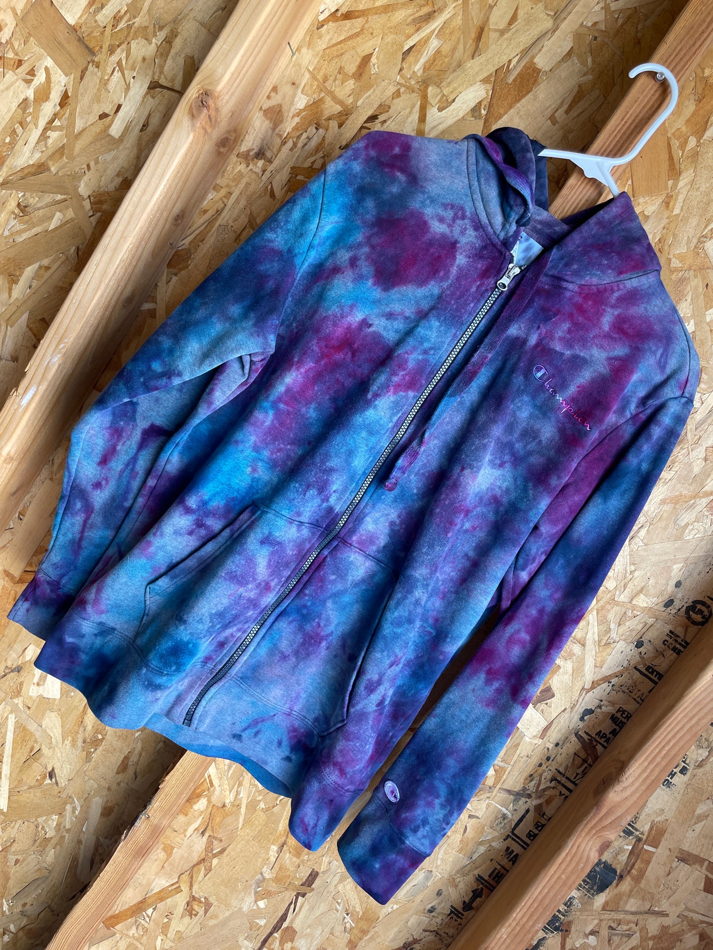 Medium Men’s Champion Tie Dye Zip Hoodie | Blue, Purple, and Pink Galaxy Ice Dye Long Sleeve Hooded Sweatshirt