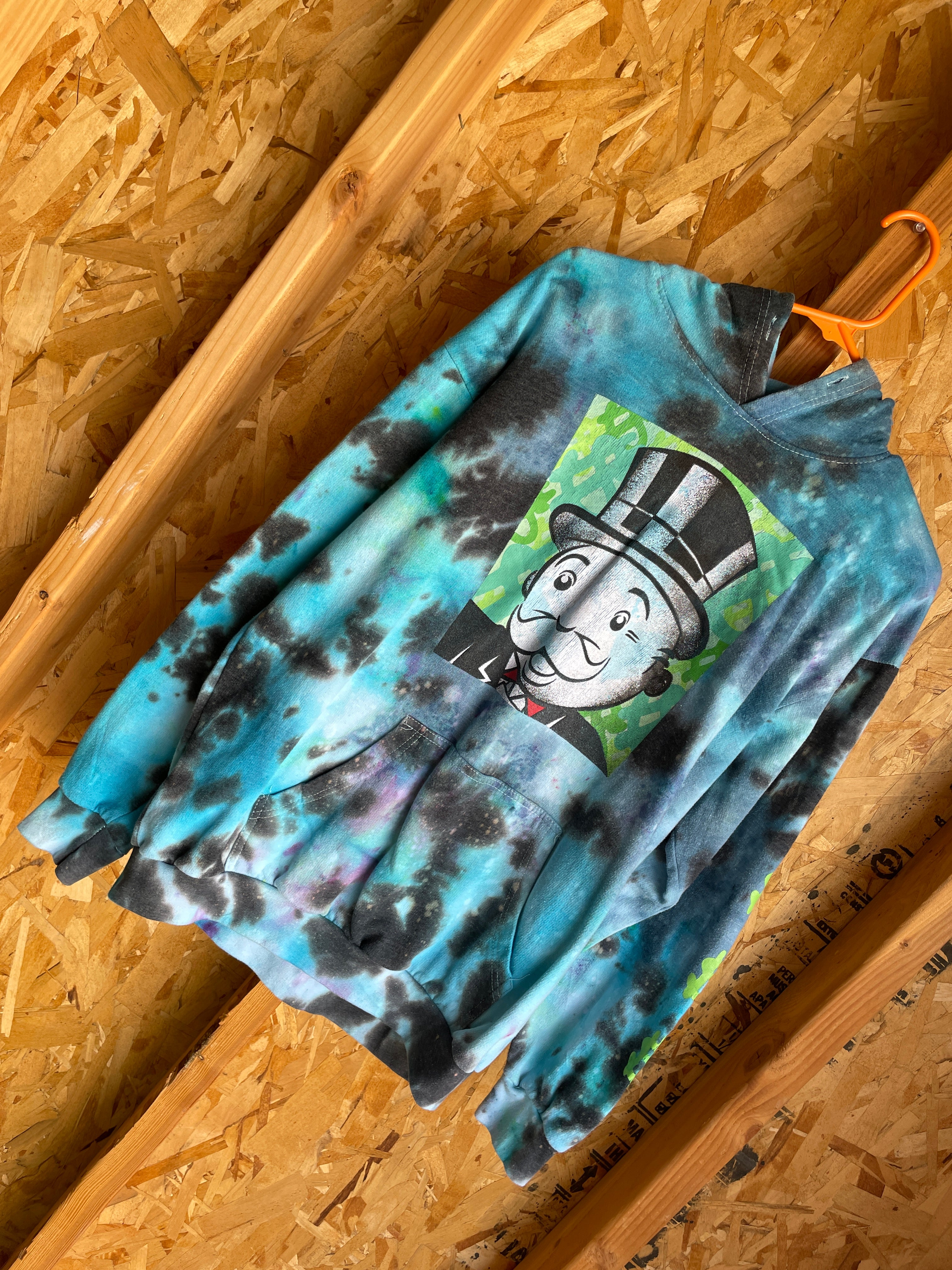 Large Men’s Monopoly Money Handmade Tie Dye Hoodie | Blue, Black, and Green Tie Dye Long Sleeve Sweatshirt