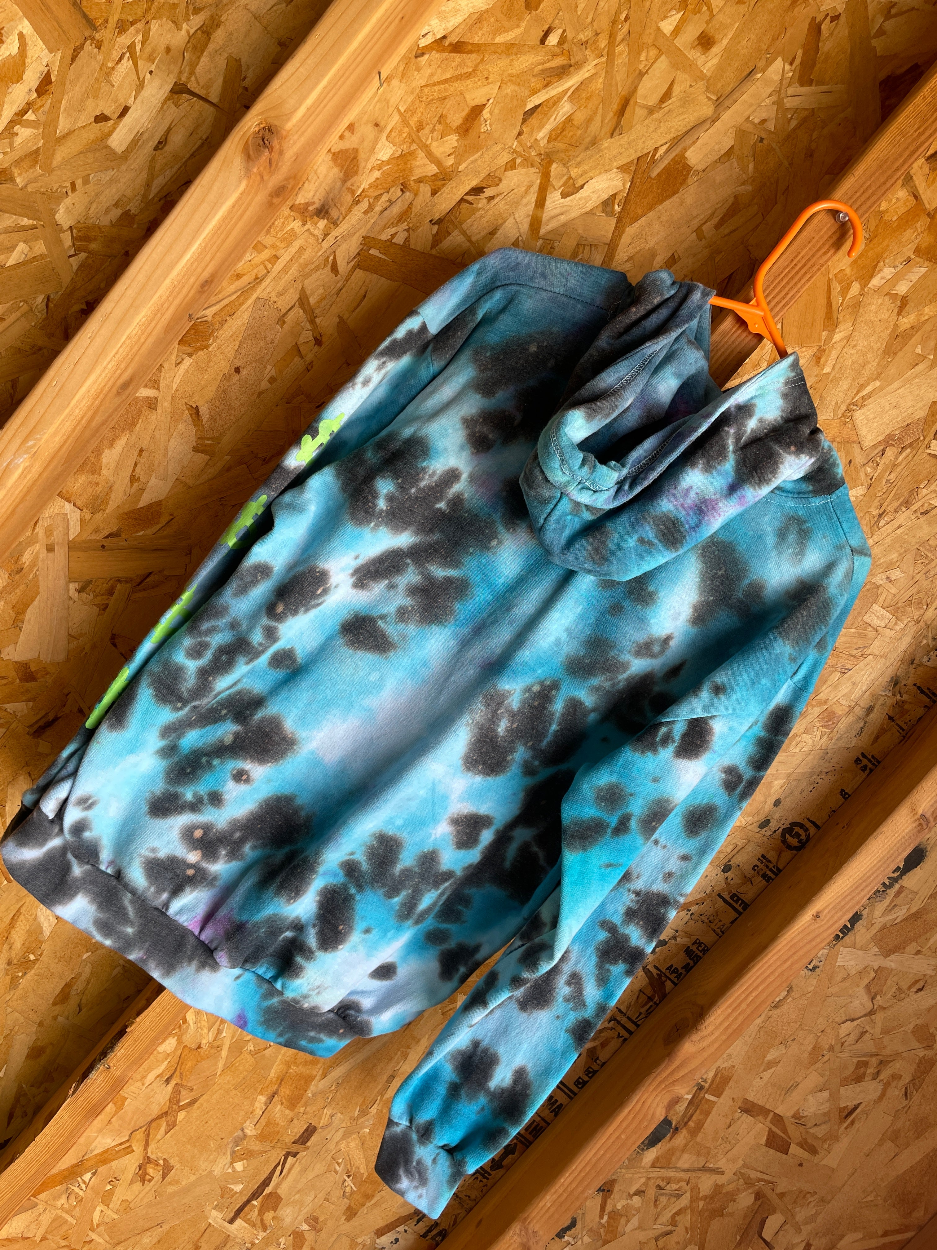 Large Men’s Monopoly Money Handmade Tie Dye Hoodie | Blue, Black, and Green Tie Dye Long Sleeve Sweatshirt