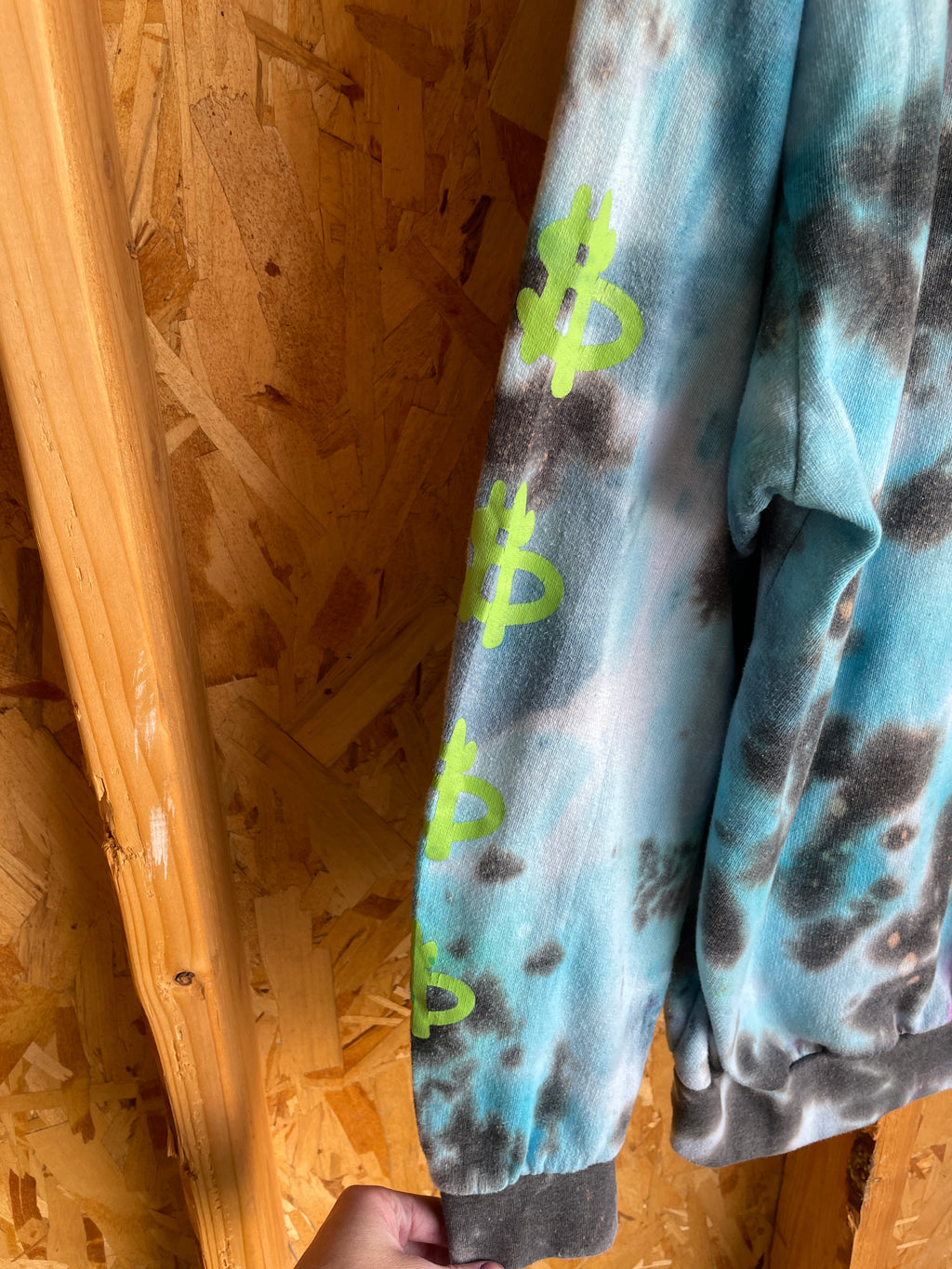 Large Men’s Monopoly Money Handmade Tie Dye Hoodie | Blue, Black, and Green Tie Dye Long Sleeve Sweatshirt