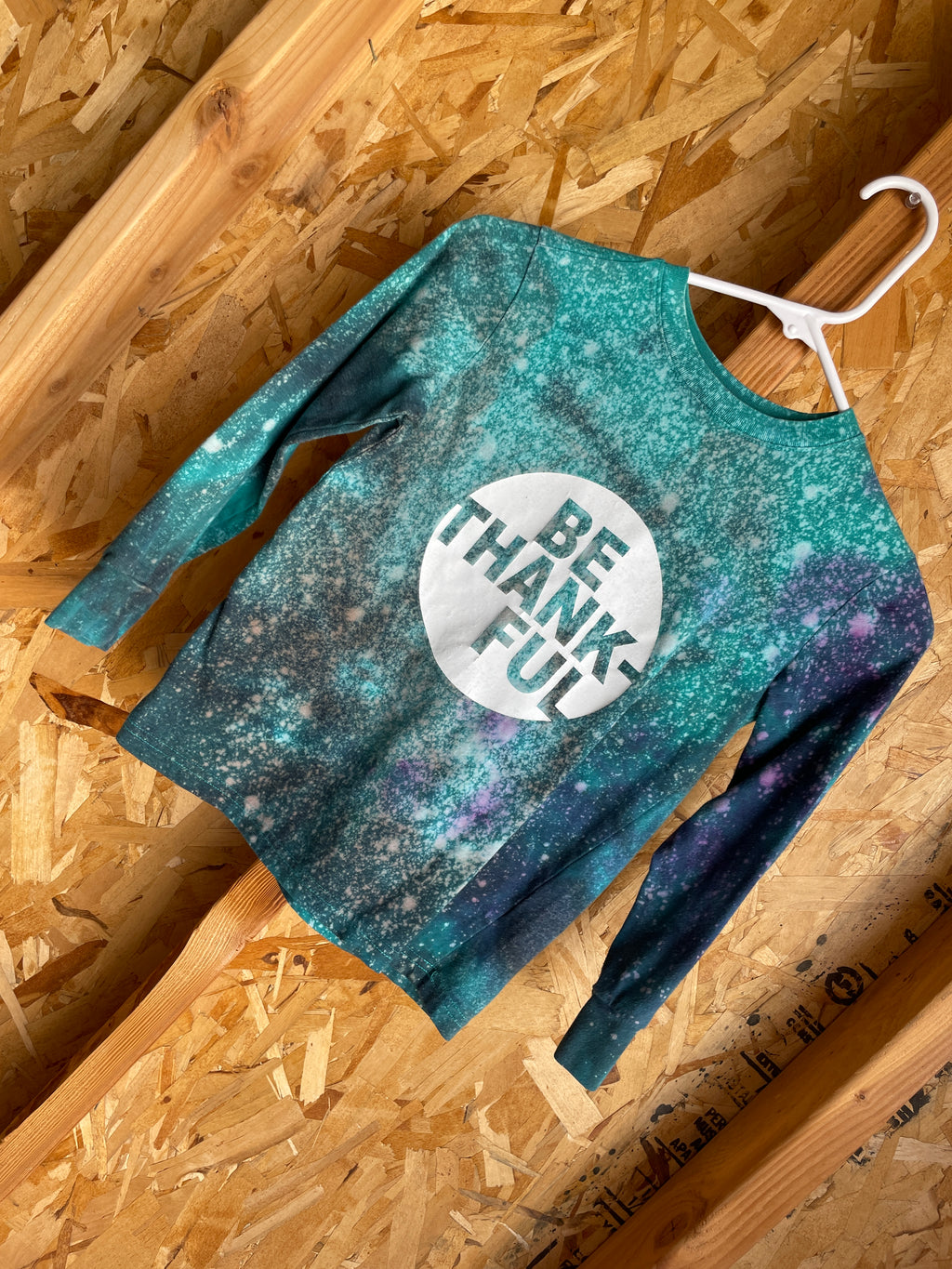 Kids' Size Small Be Thankful Handmade Tie Dye T-Shirt | Cool Tones Galaxy Tie Dye Long Sleeve